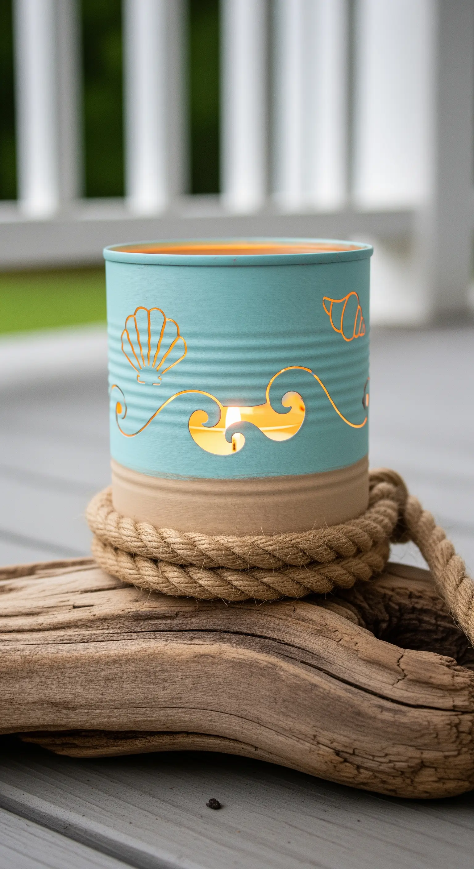 Portacandela color acquamarina e sabbia con trafori a tema marino come onde e conchiglie.