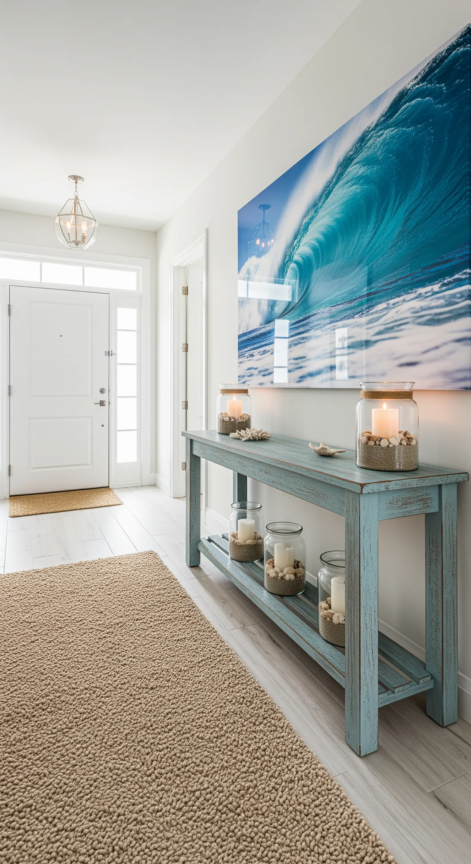 Ingresso in stile costiero con consolle azzurra, grande foto di un'onda e tappeto in juta.