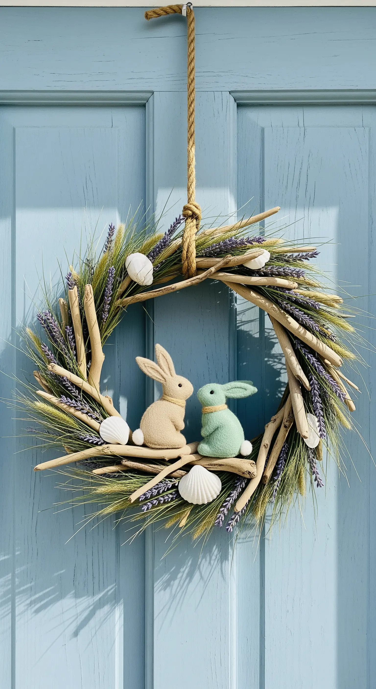 Ghirlanda in stile marino con legnetti, lavanda, conchiglie e due coniglietti.