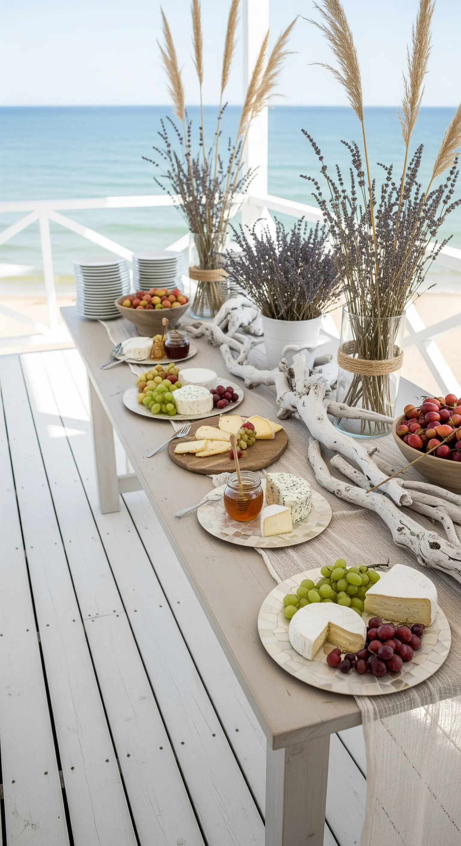 Tavolo da buffet bianco in una veranda sul mare con formaggi, uva e lavanda secca.