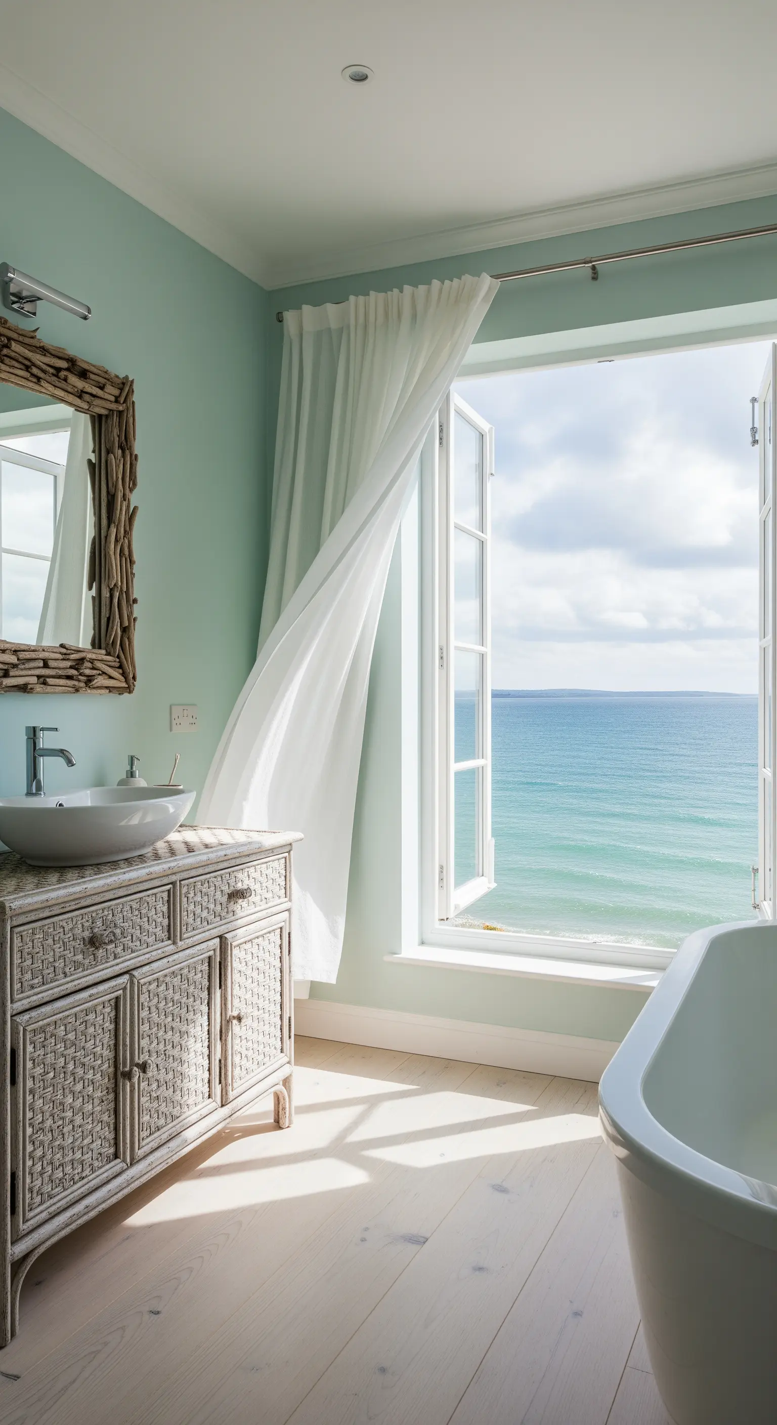 Bagno con pareti verde acqua, mobile in rattan bianco e finestra aperta sul mare.