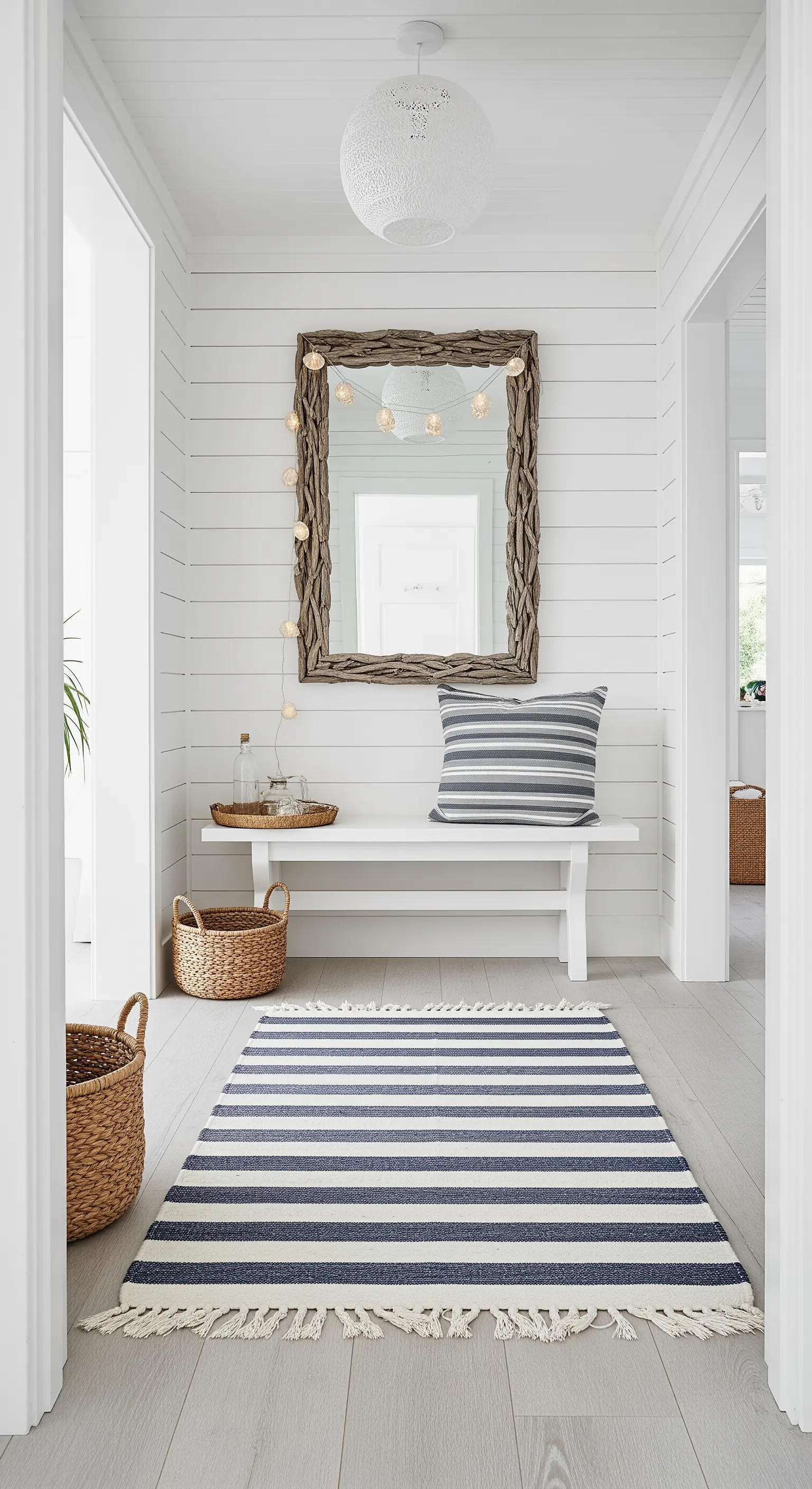 Ingresso in stile costiero con pareti bianche, specchio in legno e tappeto a righe blu.