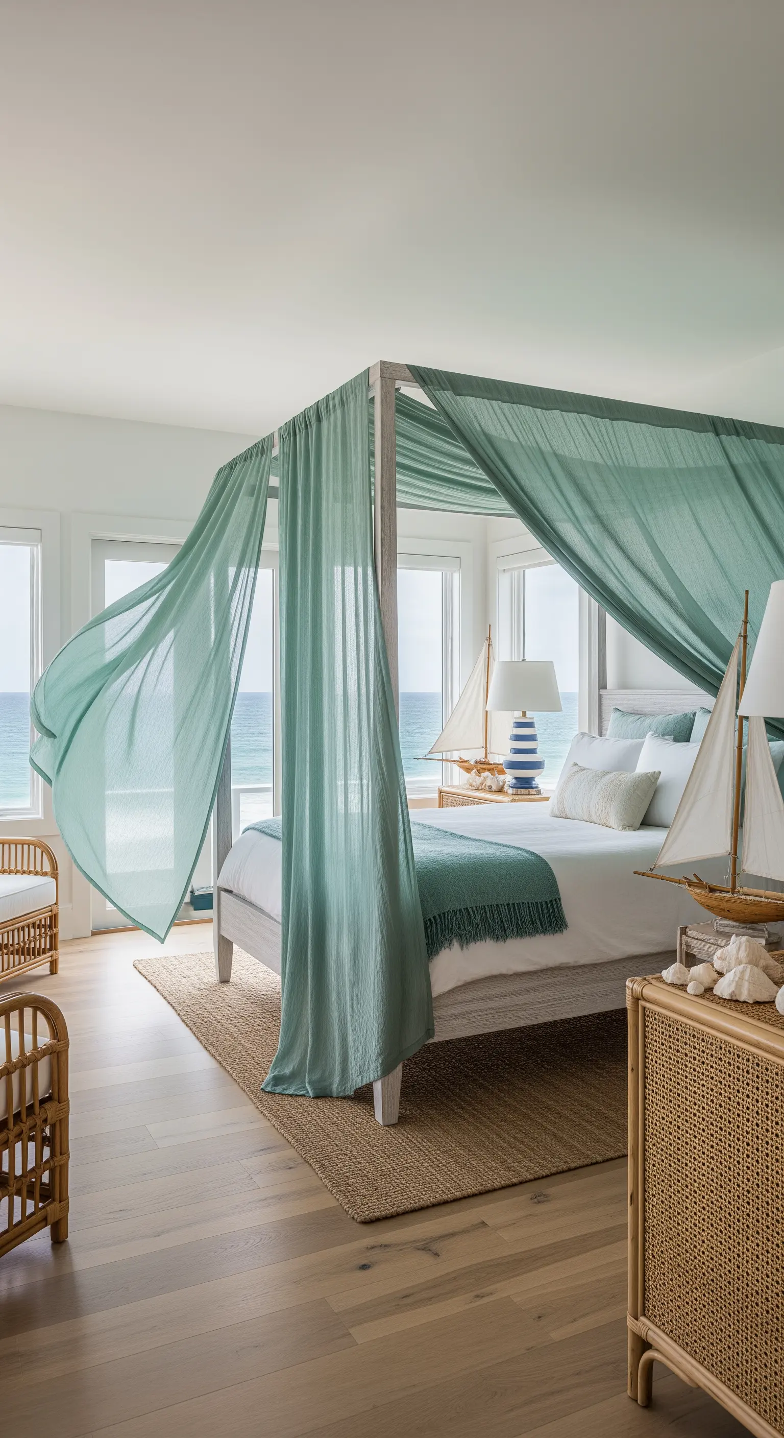 Letto a baldacchino in legno chiaro con tende verde acqua mosse dal vento vista mare.