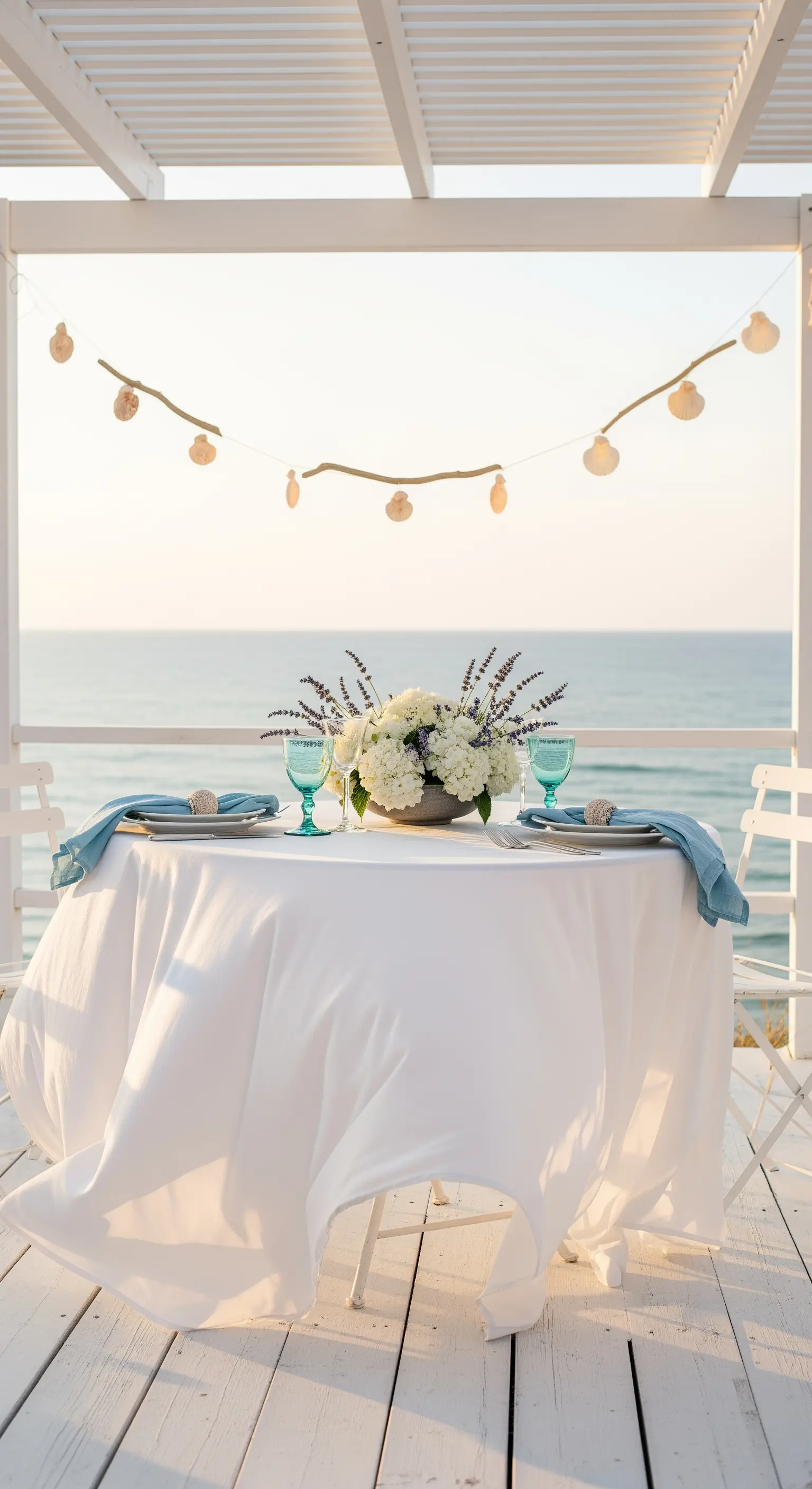 Tavola per due vista mare con tovaglia bianca mossa dal vento e luci a conchiglia.