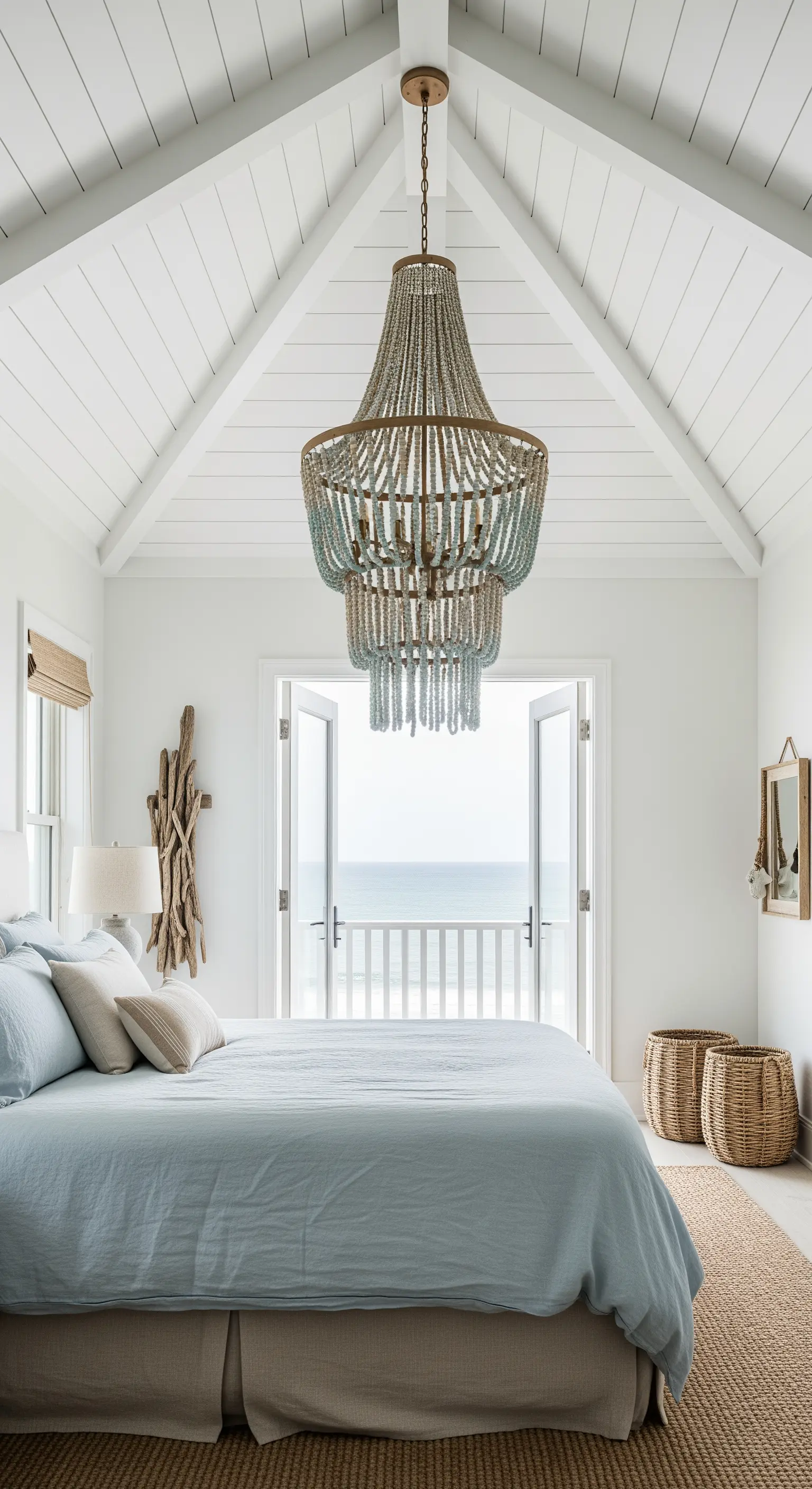 Lampadario a strati con perline di legno color acquamarina in una camera da letto vista mare.