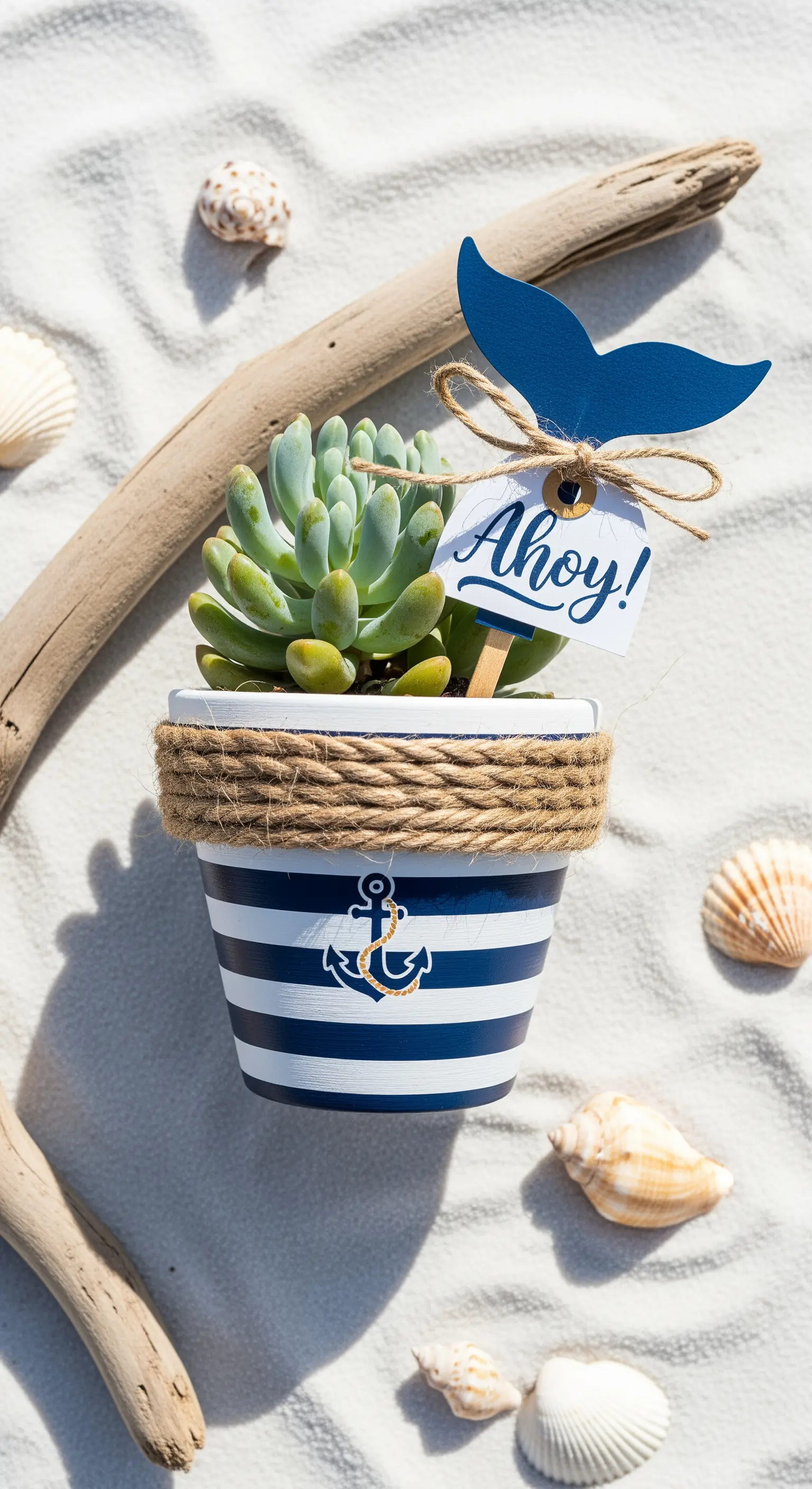 Vaso a righe bianche e blu con una corda, un'ancora e un'etichetta a tema marino 