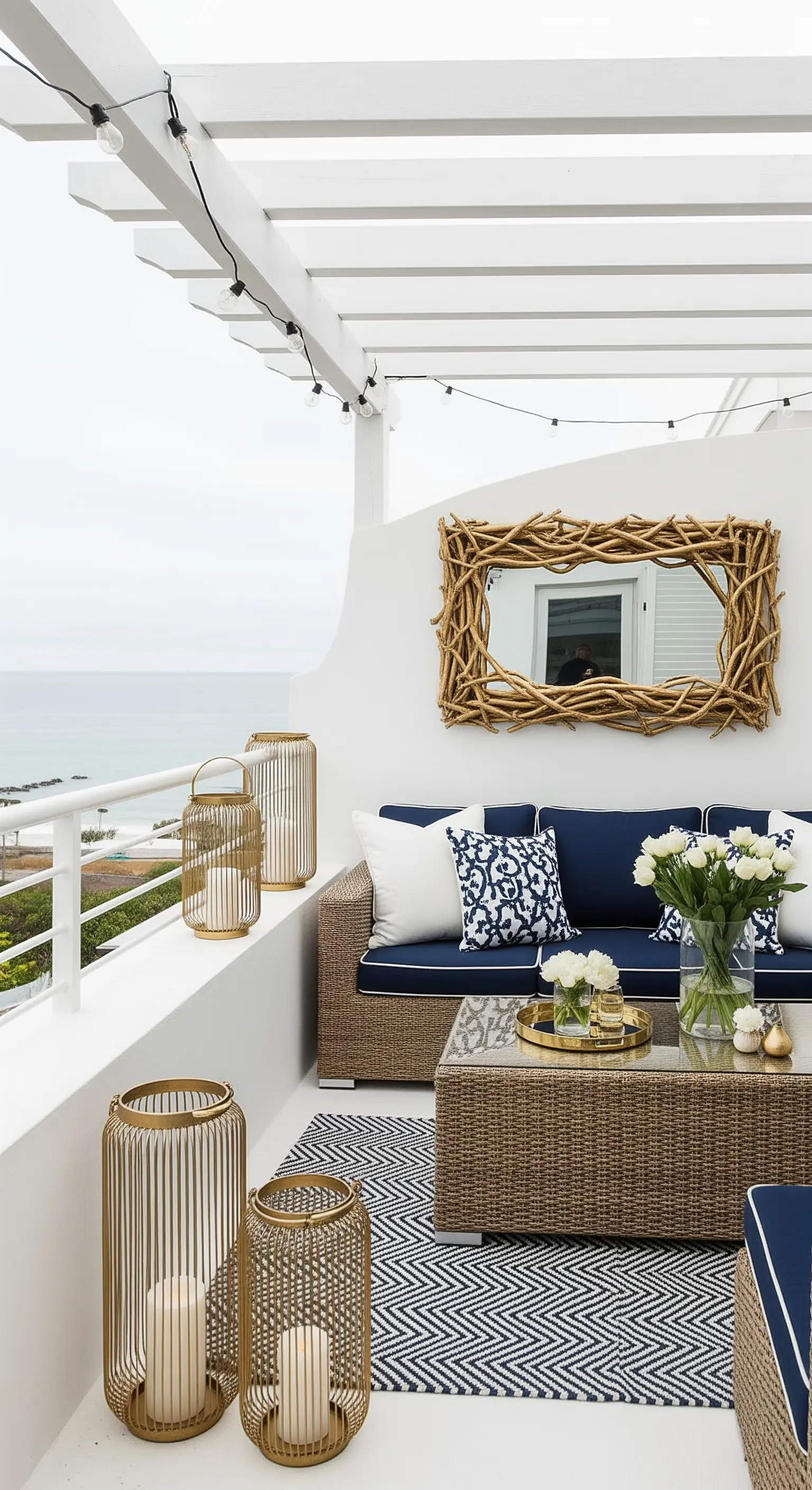 Balcone vista mare con divano blu, specchio con cornice di rami e lanterne dorate
