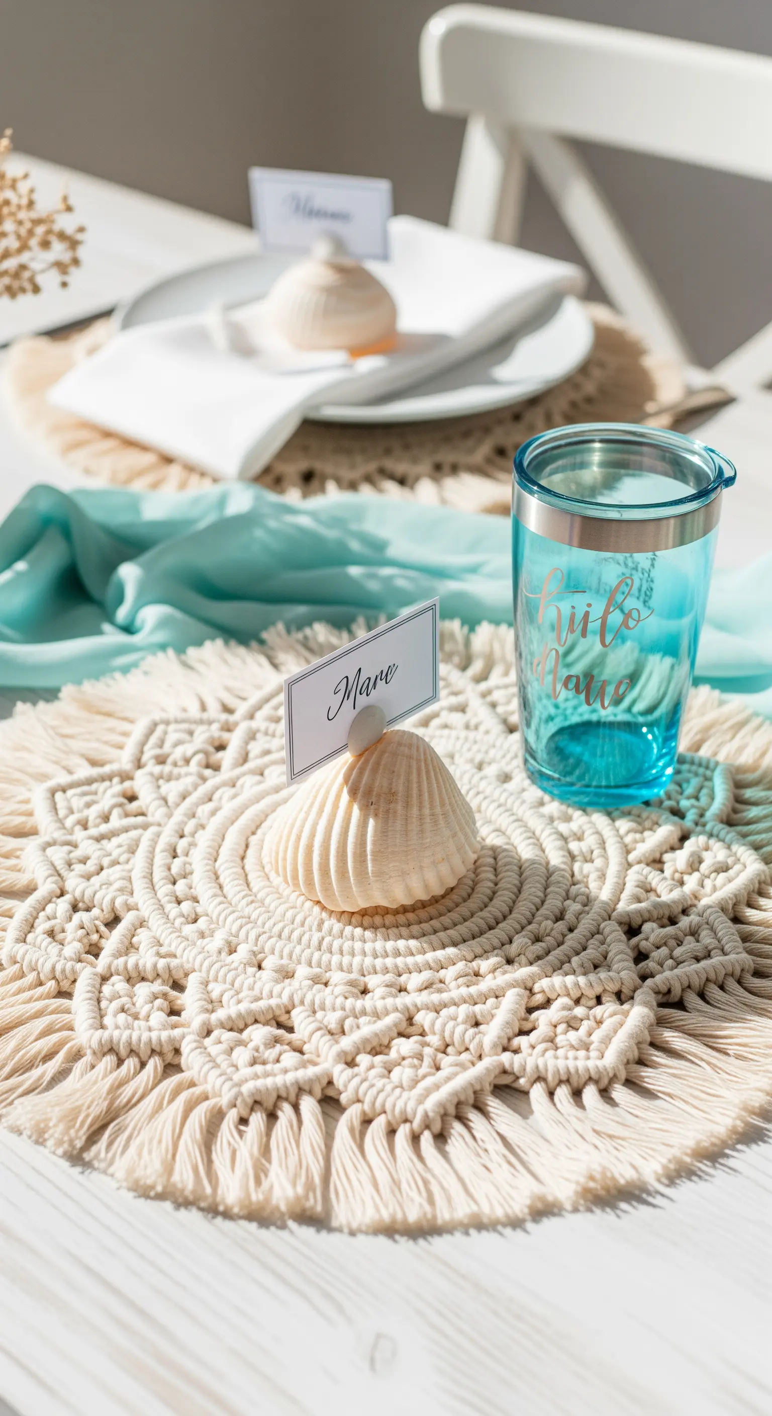 Tavola estiva con tovaglietta in macramè, conchiglia come segnaposto e bicchiere blu