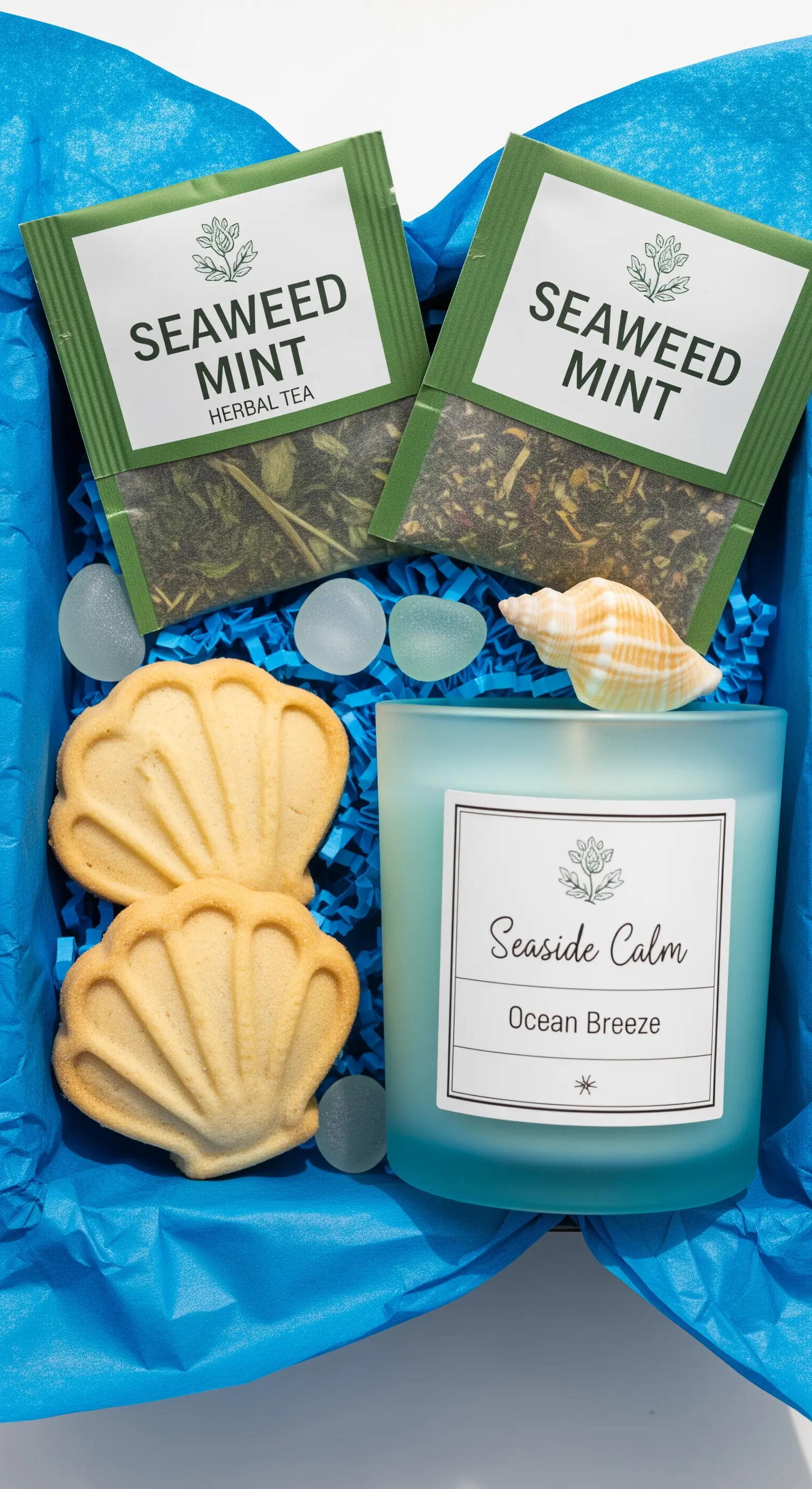 Gift box a tema marino con tè alla menta, biscotti a forma di conchiglia e candela azzurra.