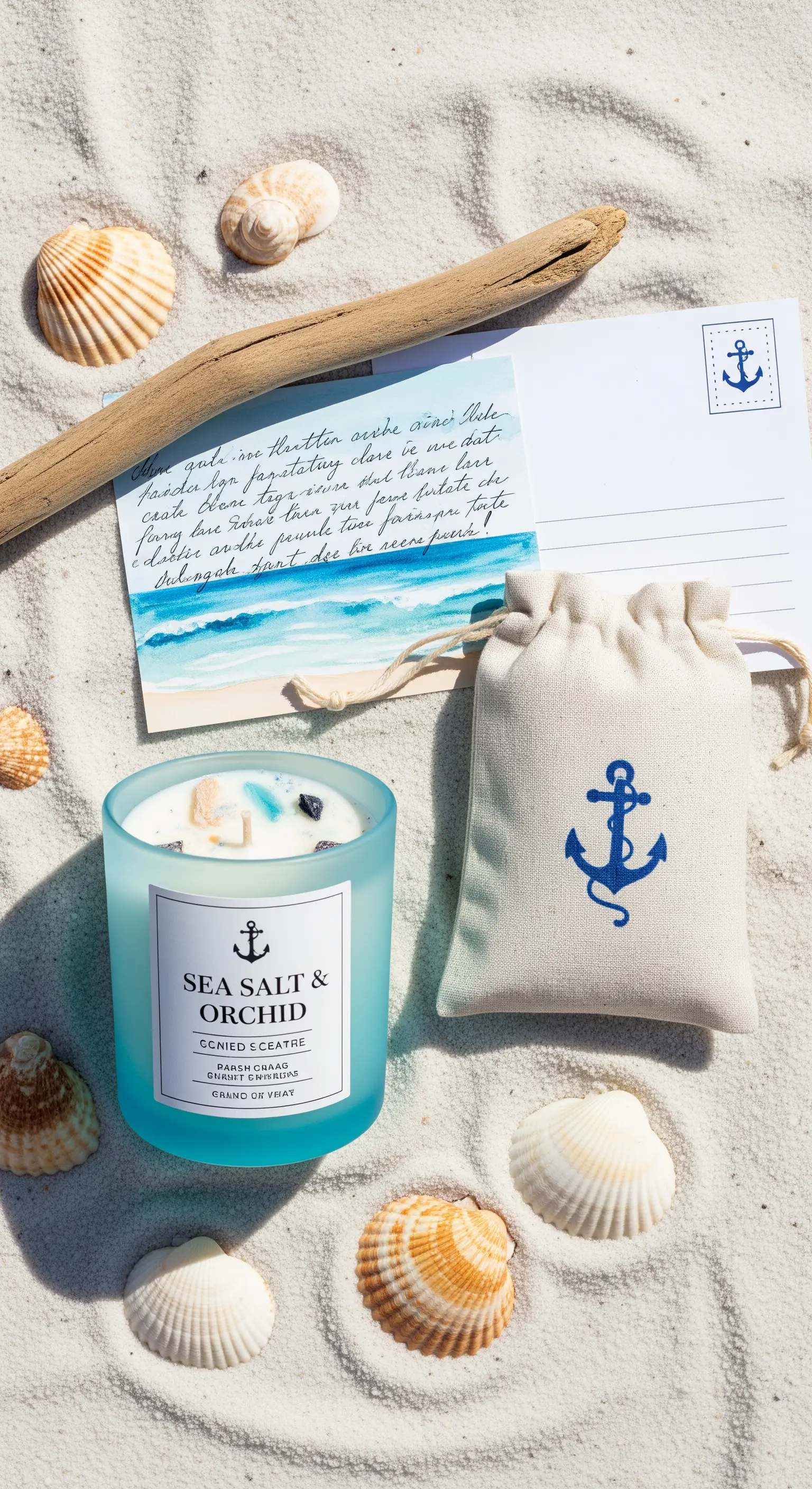 Candela azzurra al sale marino, sacchetto con ancora e cartolina acquerello su un letto di sabbia.