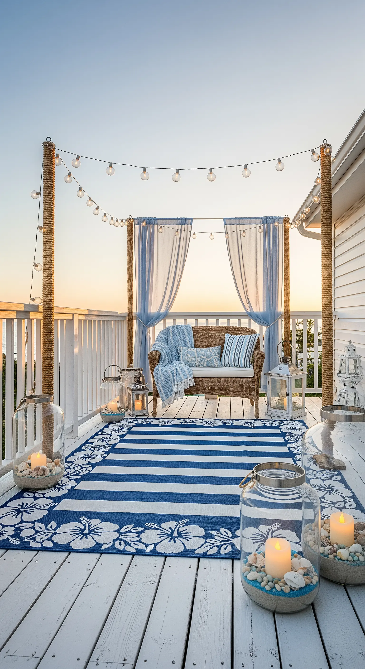 Patio in stile coastal con divanetto in vimini, tappeto a righe e lanterne con sabbia.