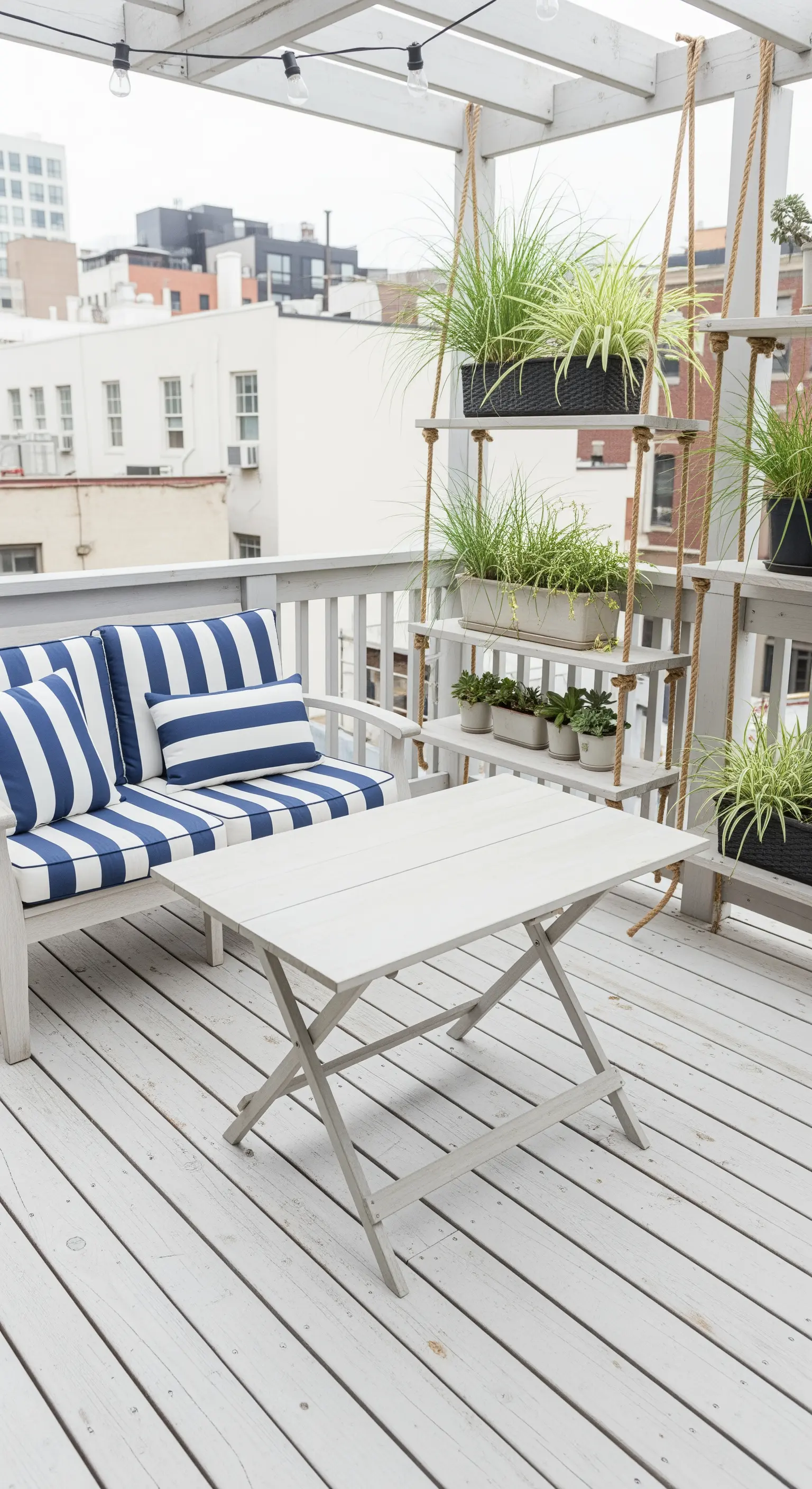 Terrazza in stile coastal con arredi bianchi, cuscini a righe blu e fioriera sospesa