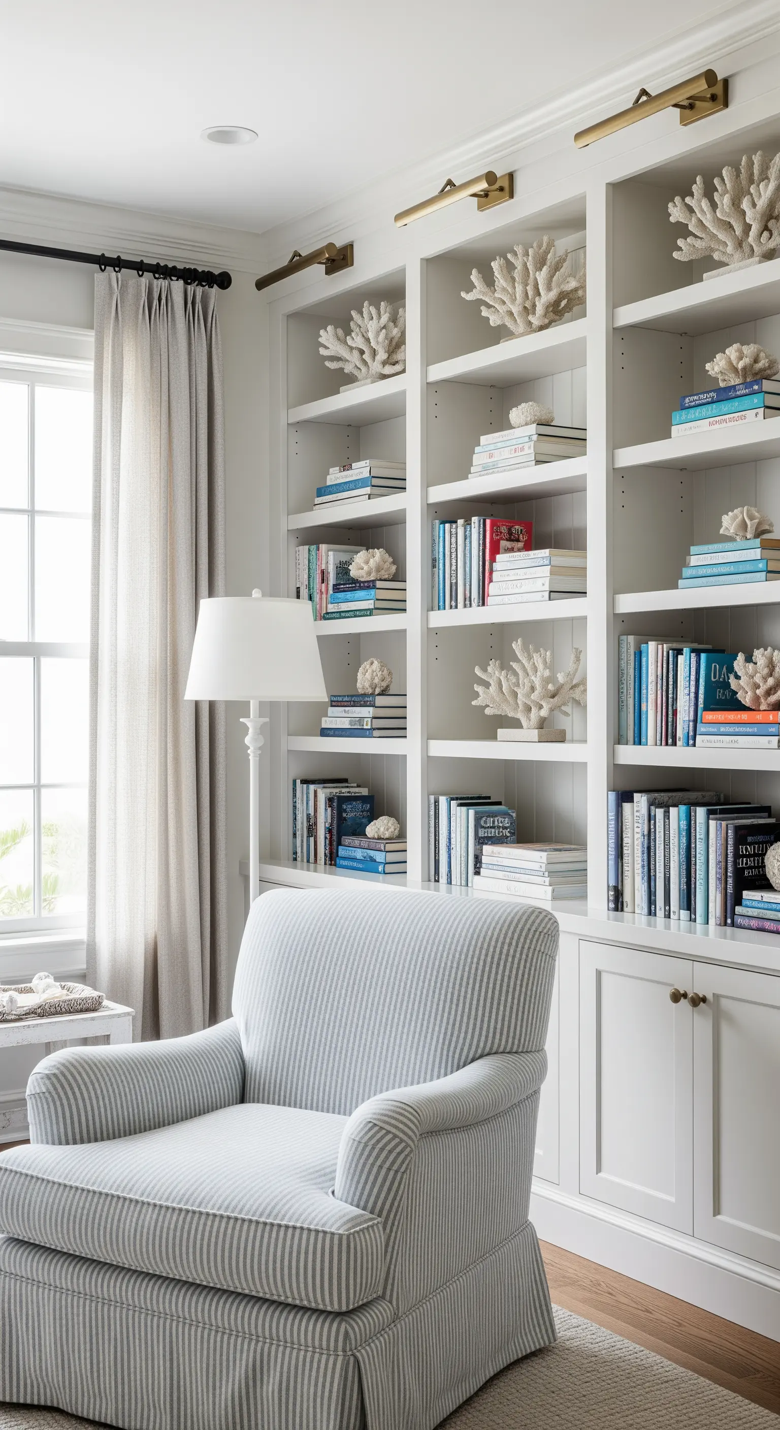 Libreria bianca con decorazioni di coralli e poltrona a righe in stile costiero.