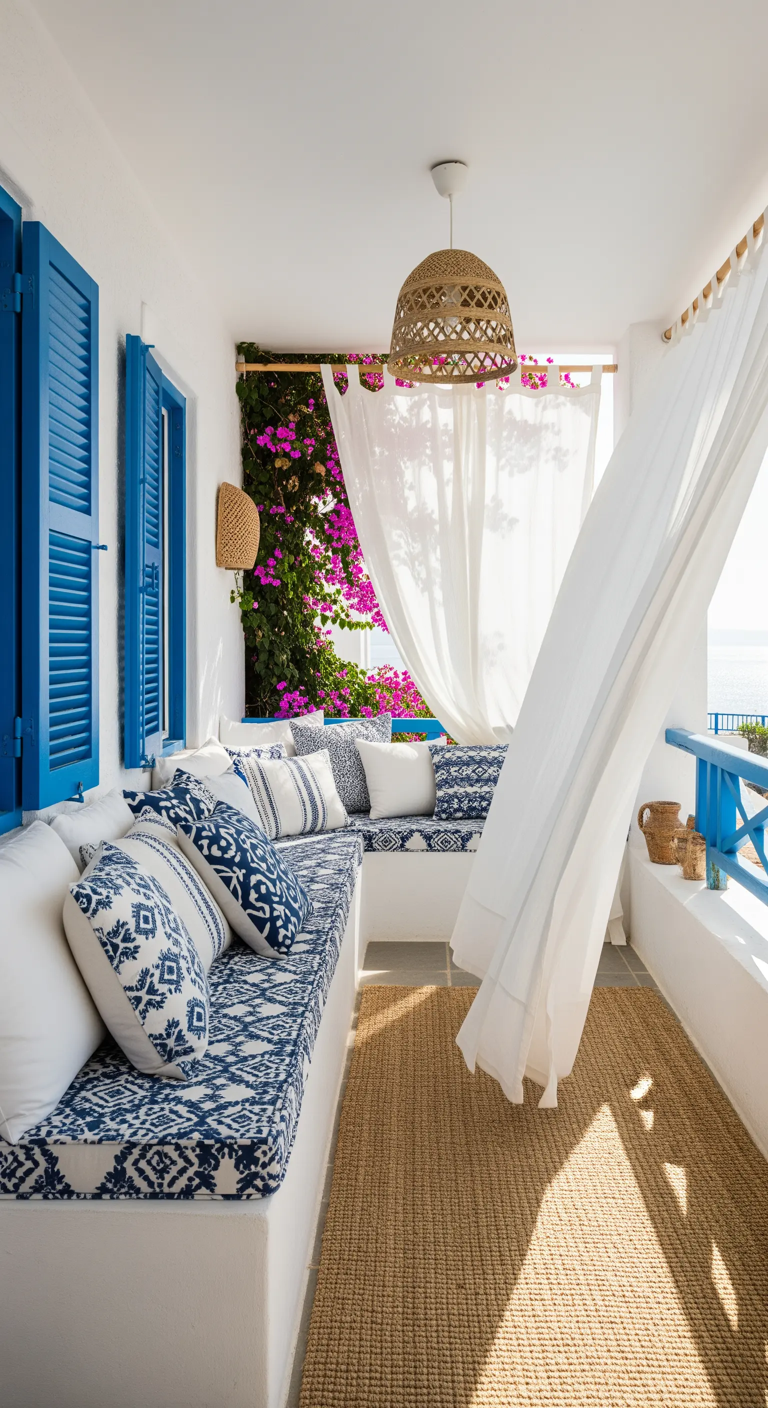 Balcone in stile greco con panca in muratura, cuscini bianchi e blu e tenda al vento.
