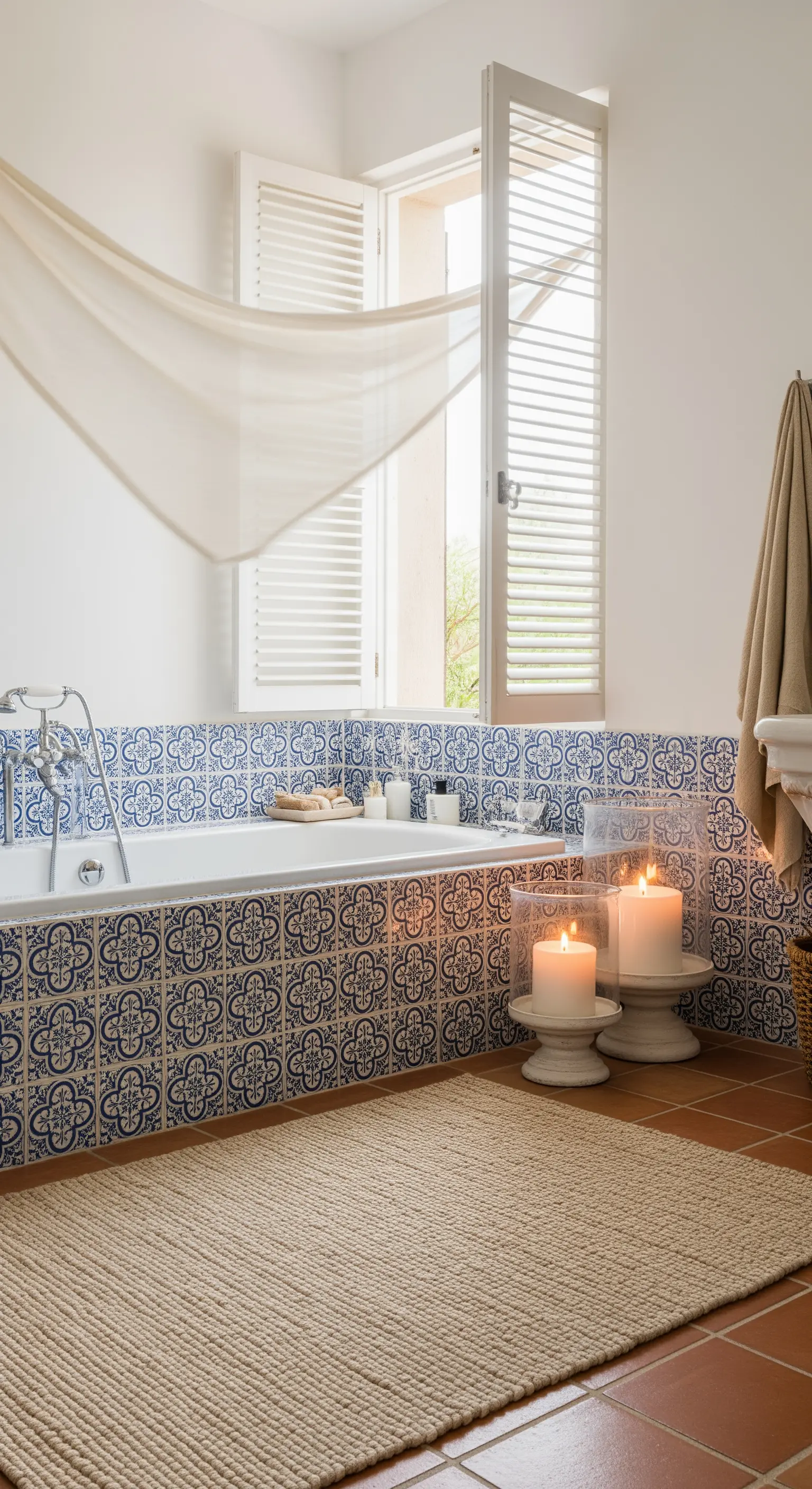 Bagno in stile mediterraneo con piastrelle blu e bianche, tappeto in fibra naturale e persiane.