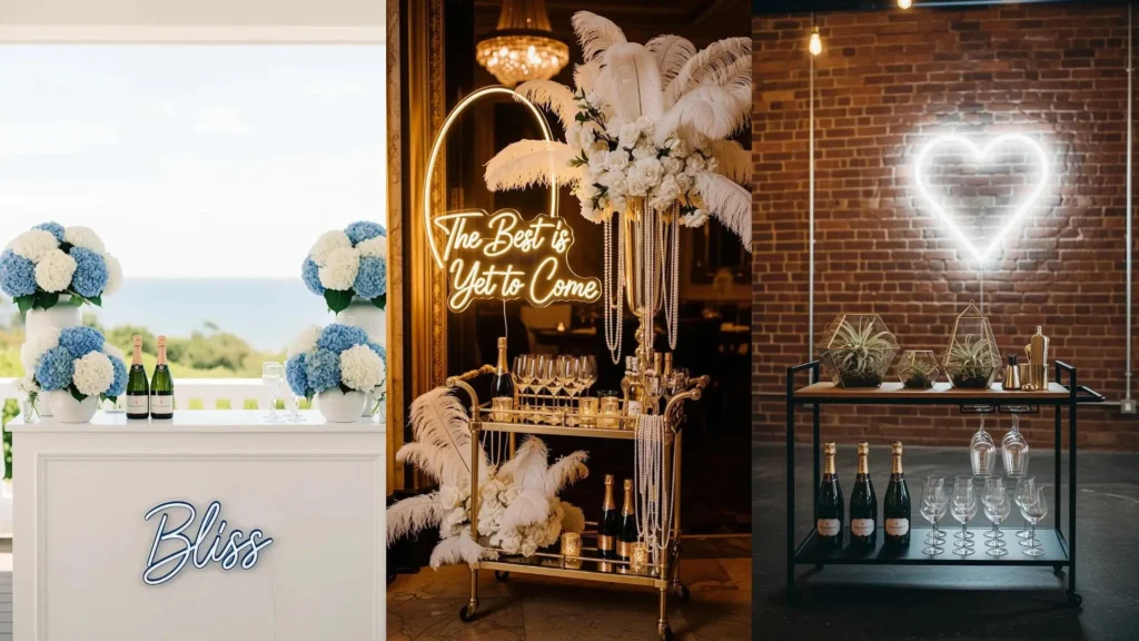 Diverse idee per angoli prosecco chic con fiori freschi colorati, insegne luminose al neon e bottiglie per brindisi nuziali.