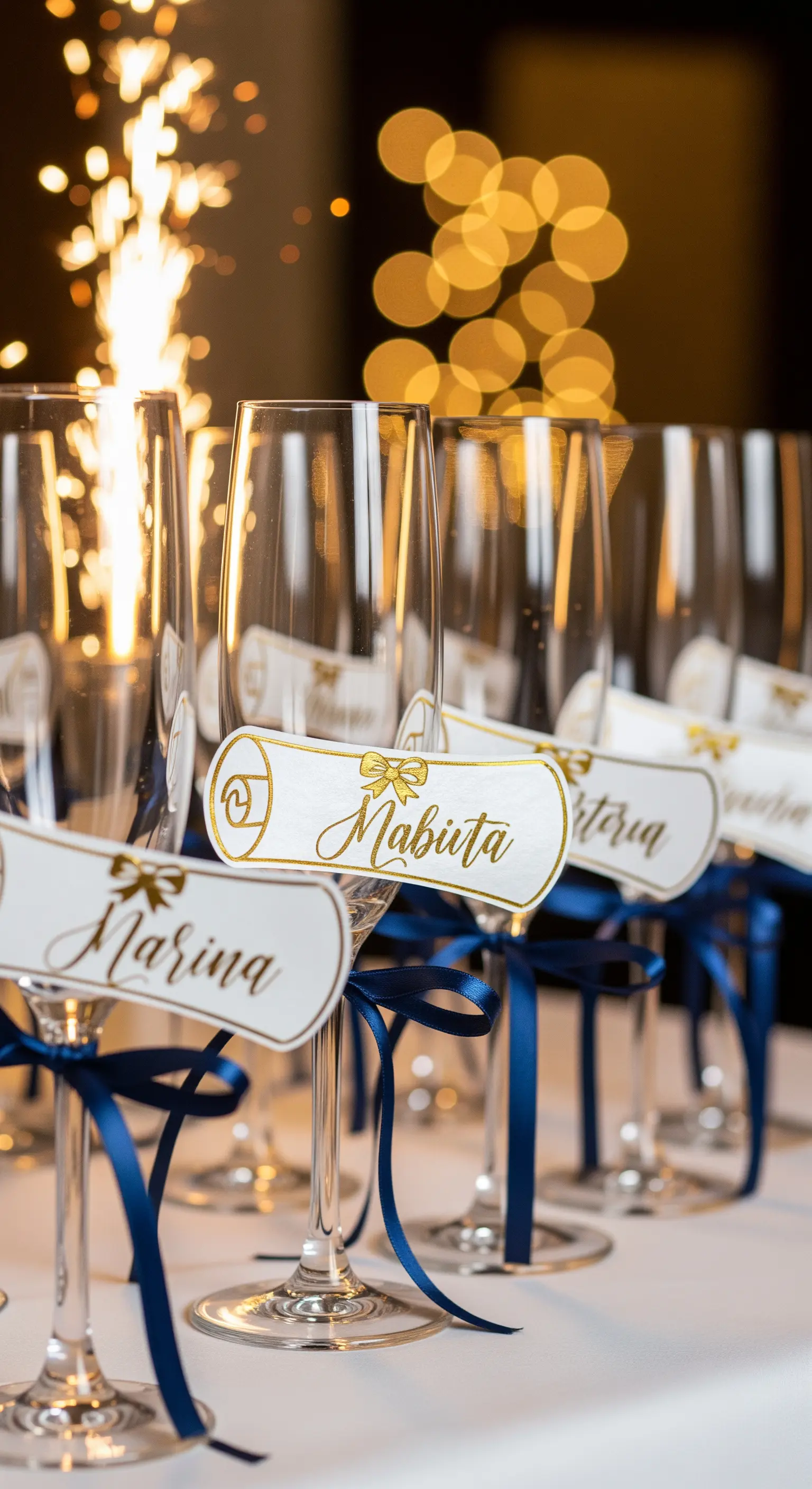 Calici da spumante decorati con nastri blu e segnaposto personalizzati; uno ha una stella filante accesa