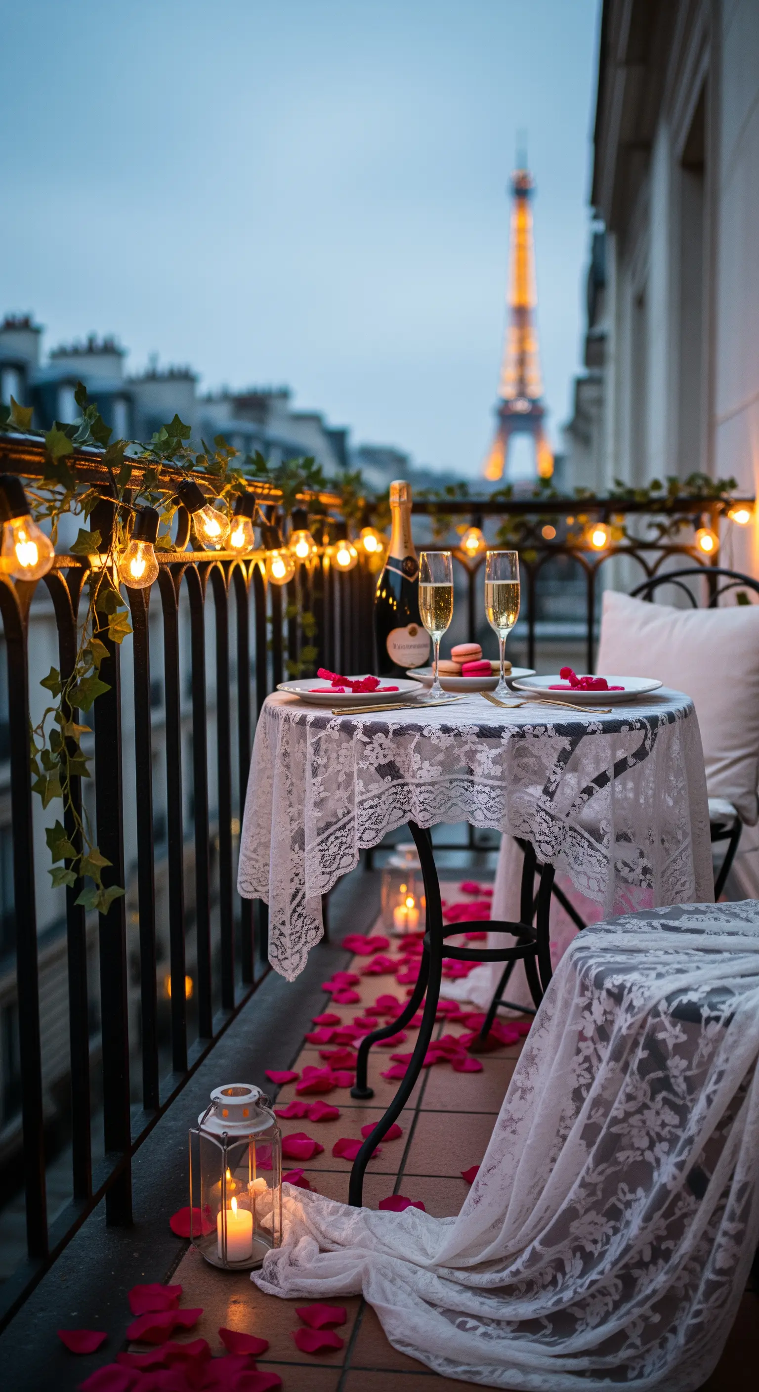 Balcone parigino con tavolo per due, champagne, luci a filo e vista sulla Torre Eiffel.
