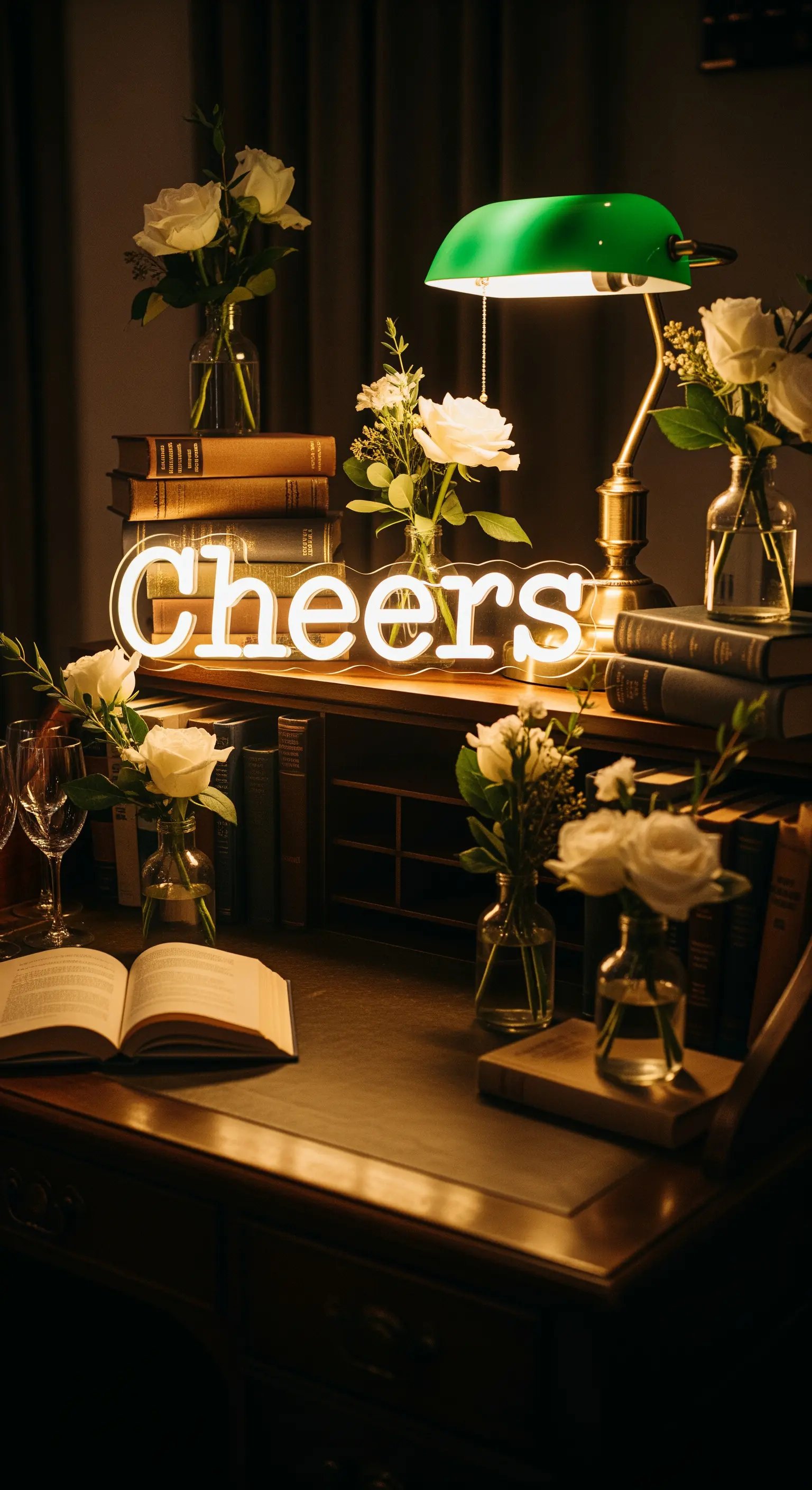 Scrivania antica con libri, lampada vintage, rose bianche e insegna 