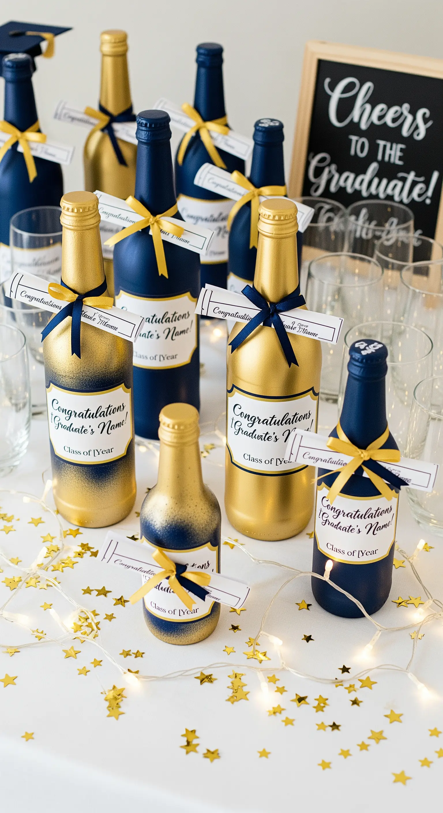 Bottiglie dipinte di blu e oro per una festa di laurea, con etichette personalizzate e diplomi arrotolati.