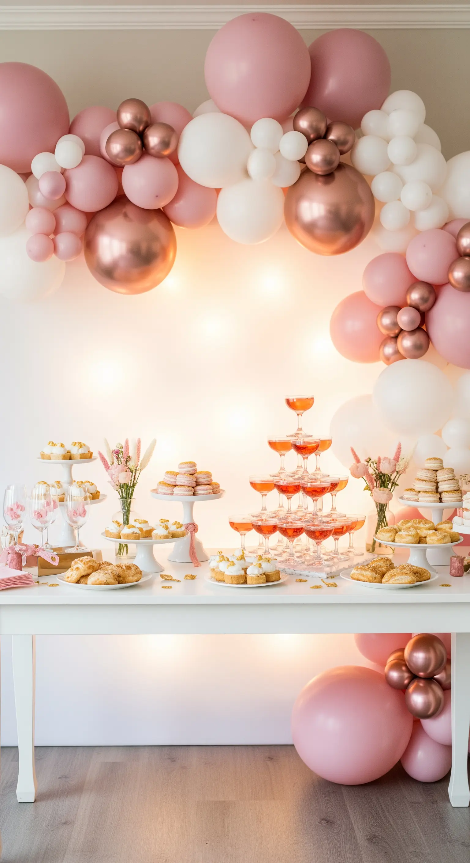 Sweet table con arco di palloncini rosa e oro rosa, e piramide di coppe di champagne.