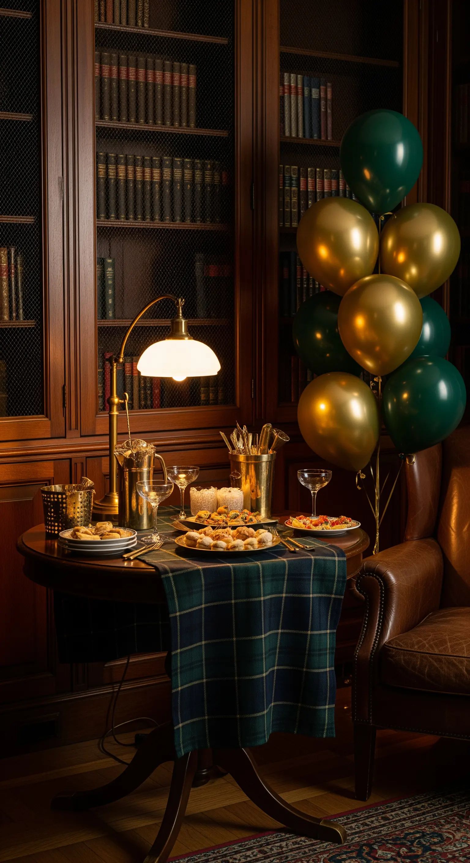 Angolo bar in stile club inglese con runner scozzese, poltrona in pelle e palloncini oro.