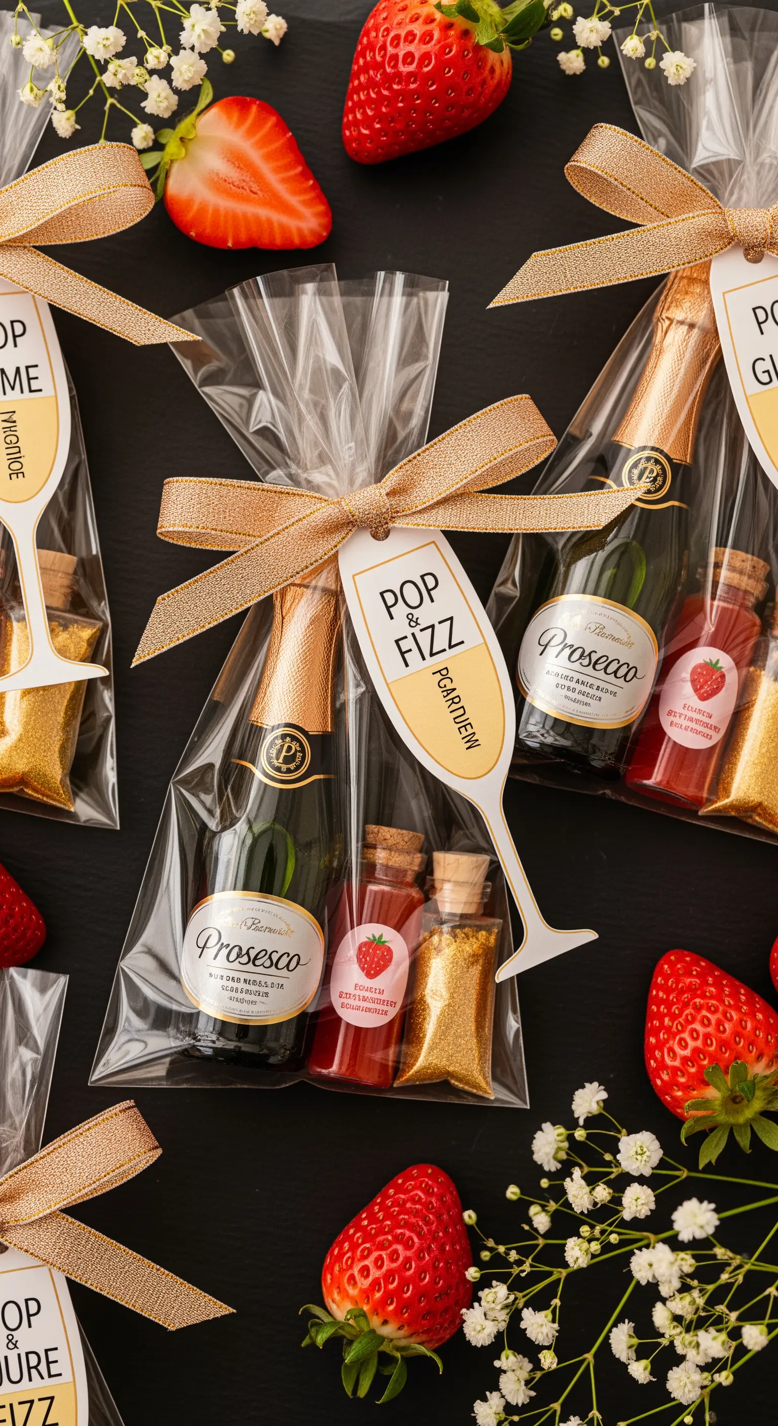 Kit cocktail per addio al nubilato con mini prosecco, glitter edibile e sciroppo alla fragola.