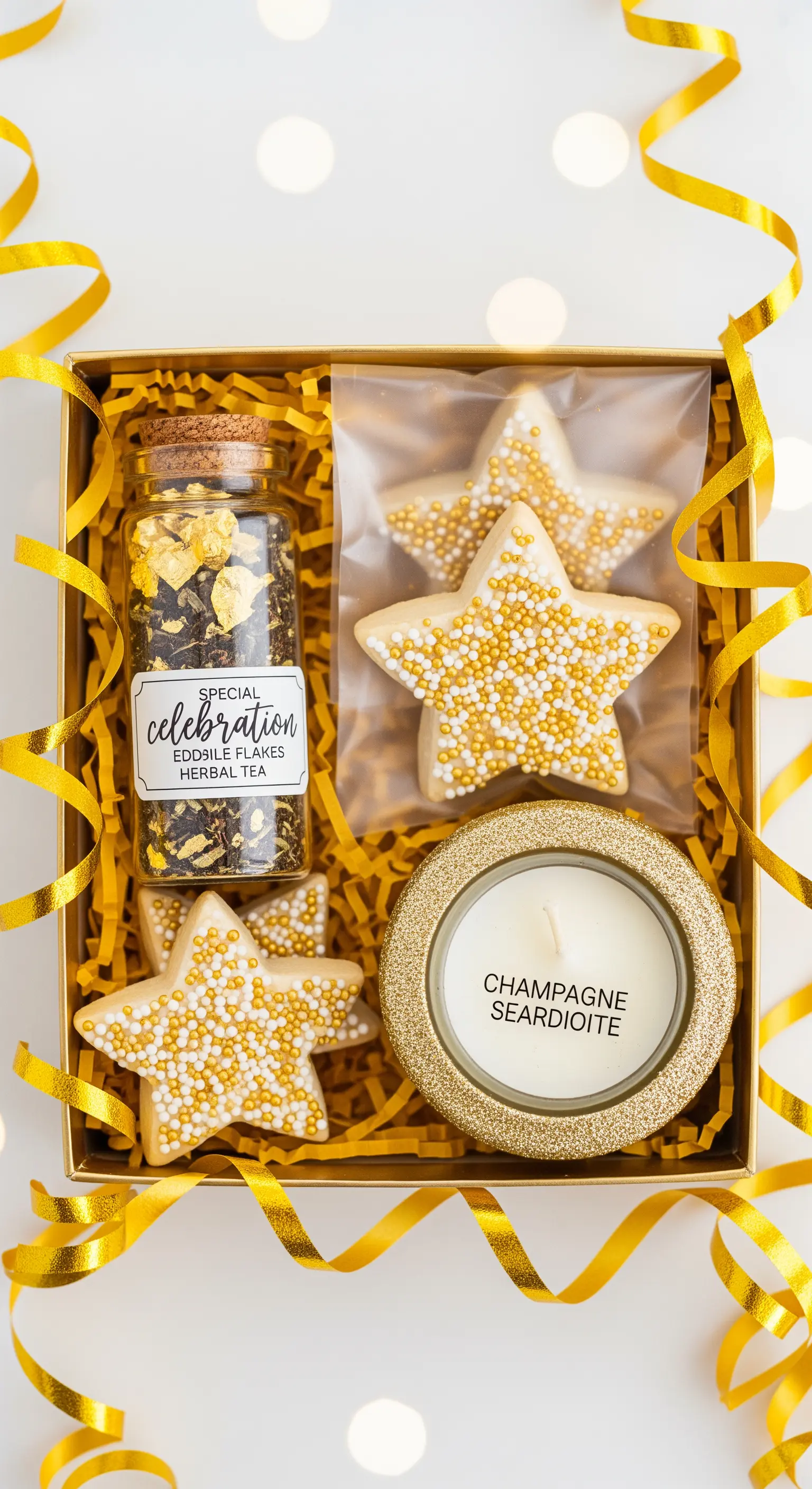 Gift box celebrativa con tè con scaglie d'oro, biscotti a stella e candela glitterata.