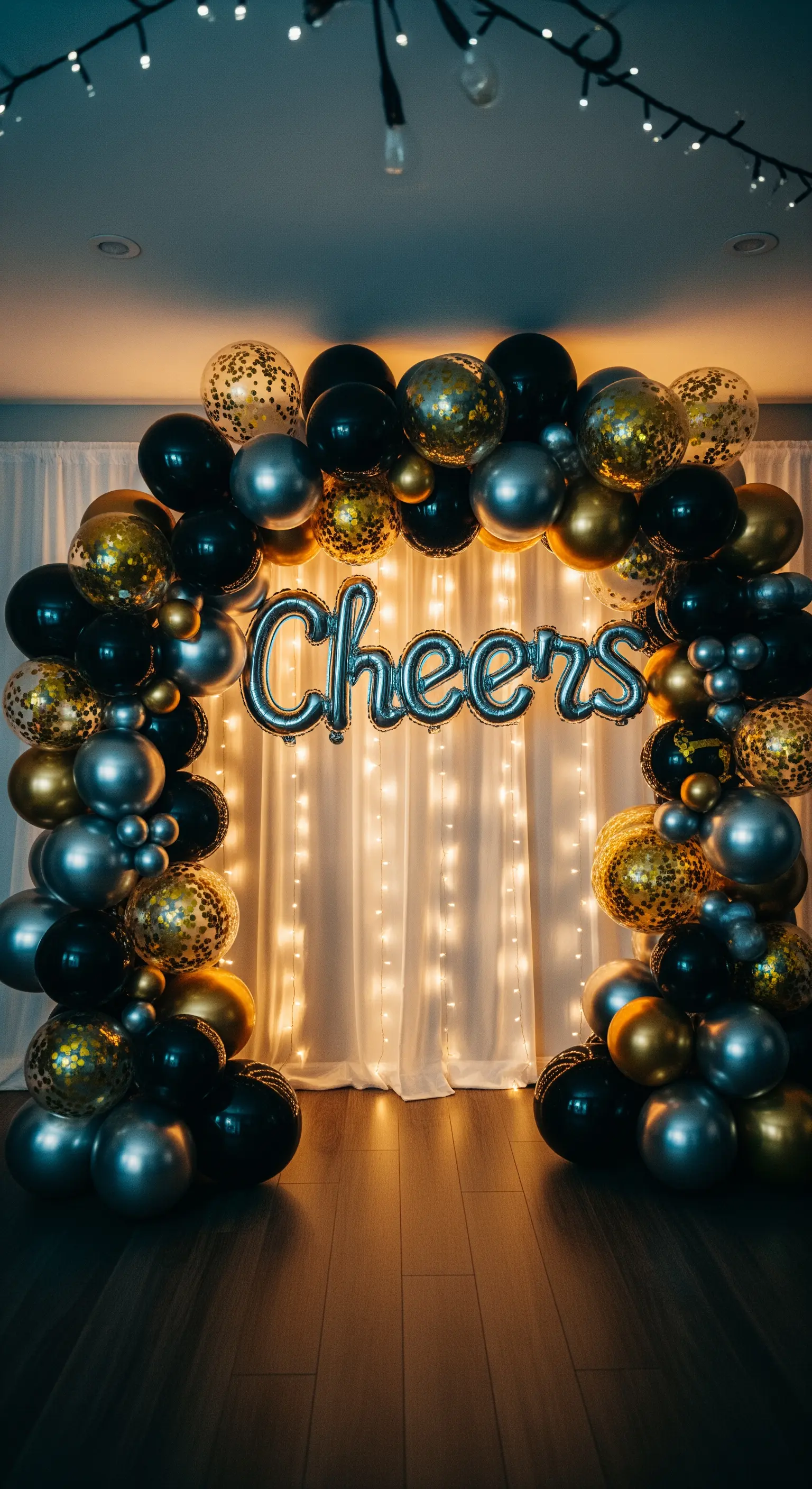 Arco di palloncini neri, oro e argento davanti a una tenda luminosa, con la scritta 'Cheers'.