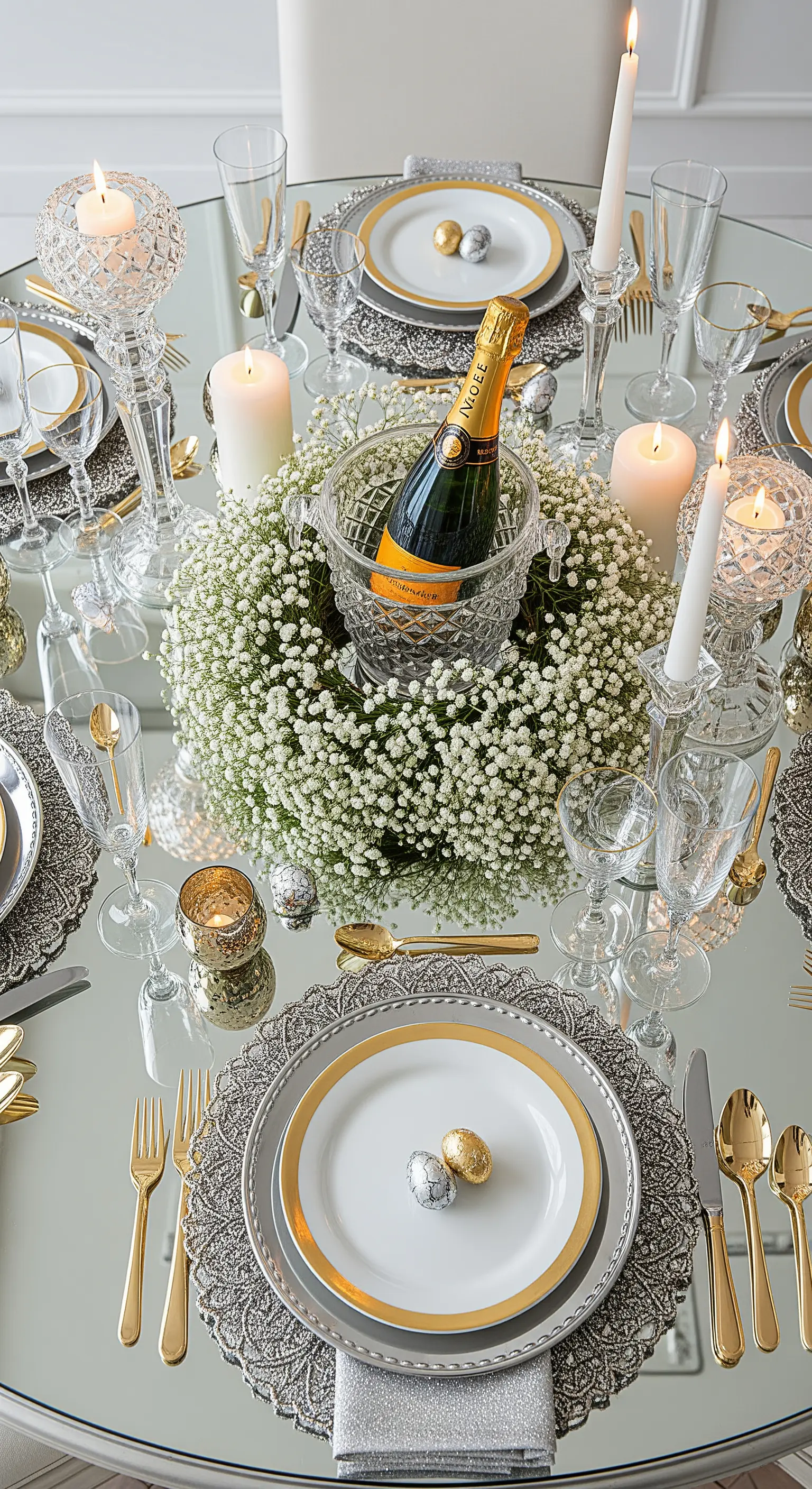 Tavola celebrativa con specchio, secchiello per champagne, gypsophila e uova oro e argento.