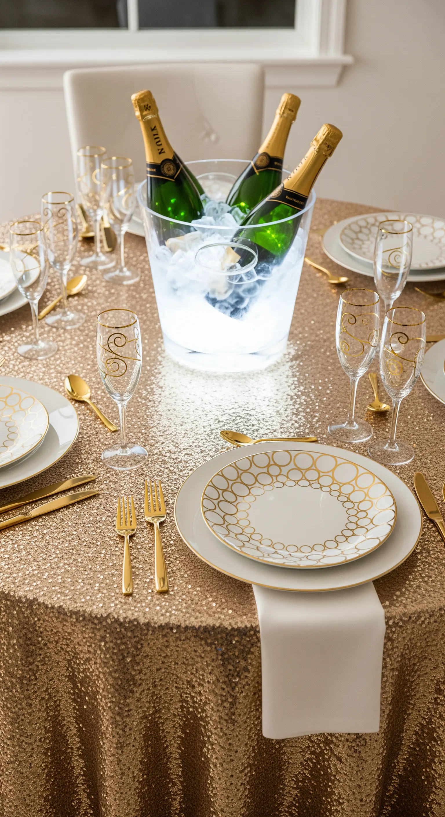 Tavola da festa con tovaglia di paillettes dorate e una glacette luminosa per lo champagne.