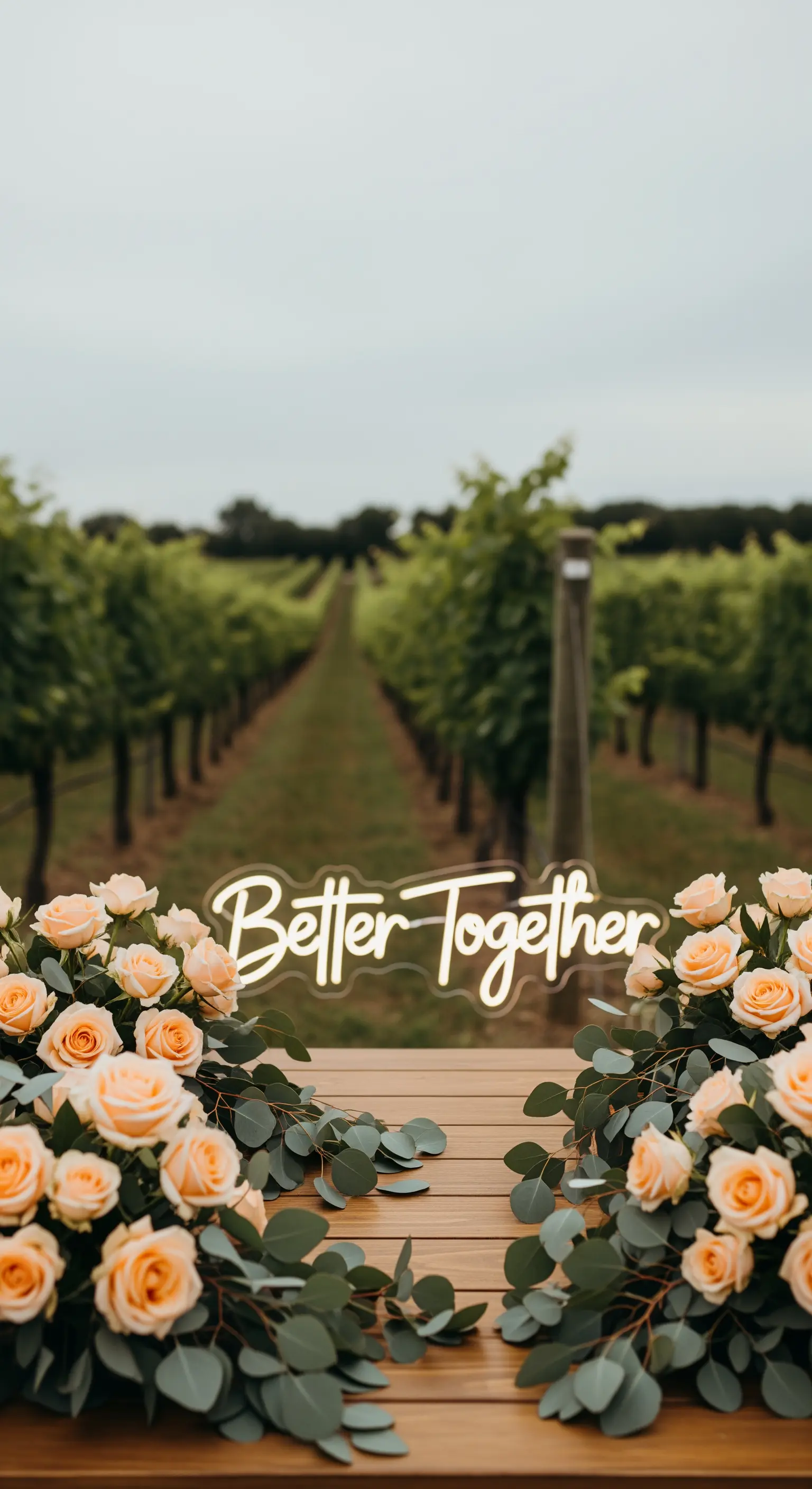 Tavolo in un vigneto con rose pesca, eucalipto e insegna 