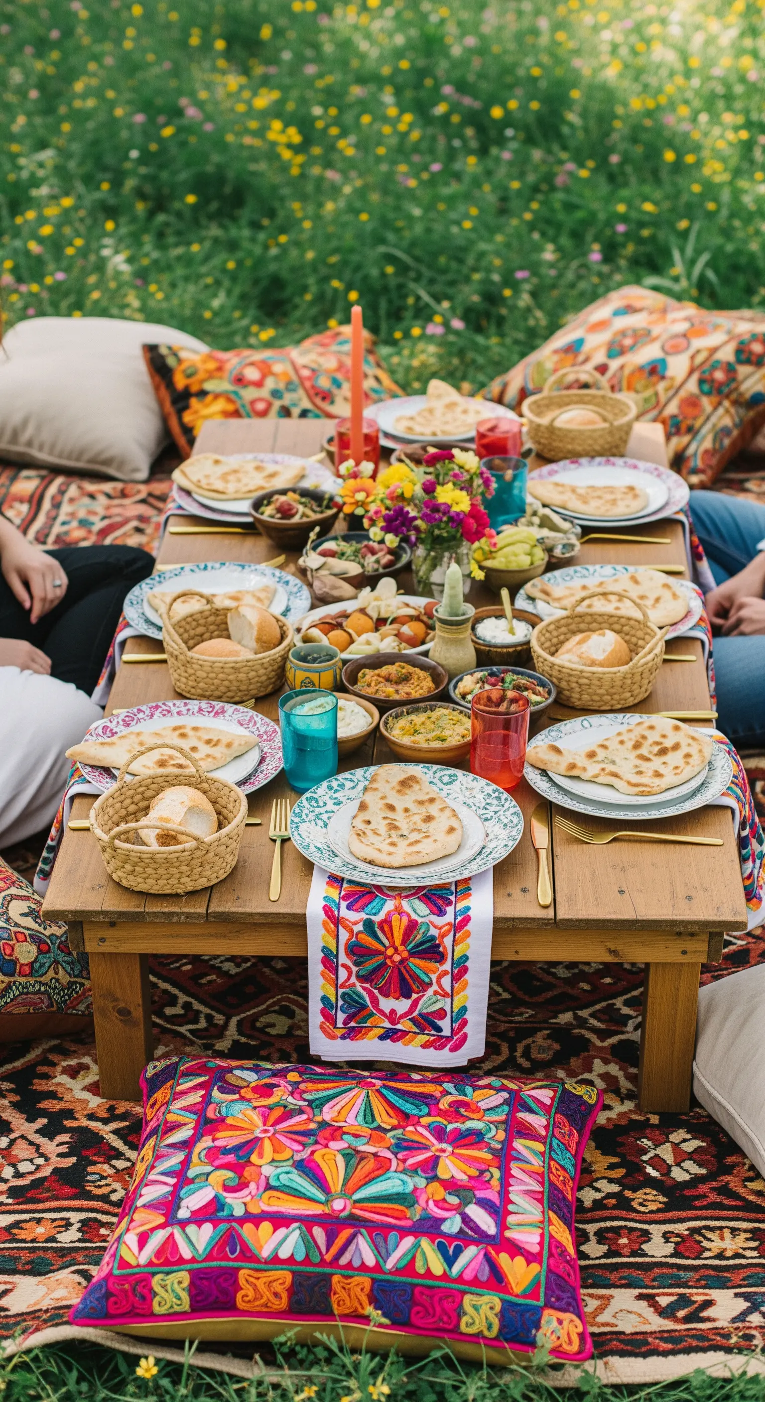 Picnic bohémien con tappeti colorati, cuscini e un tavolo basso in un prato.