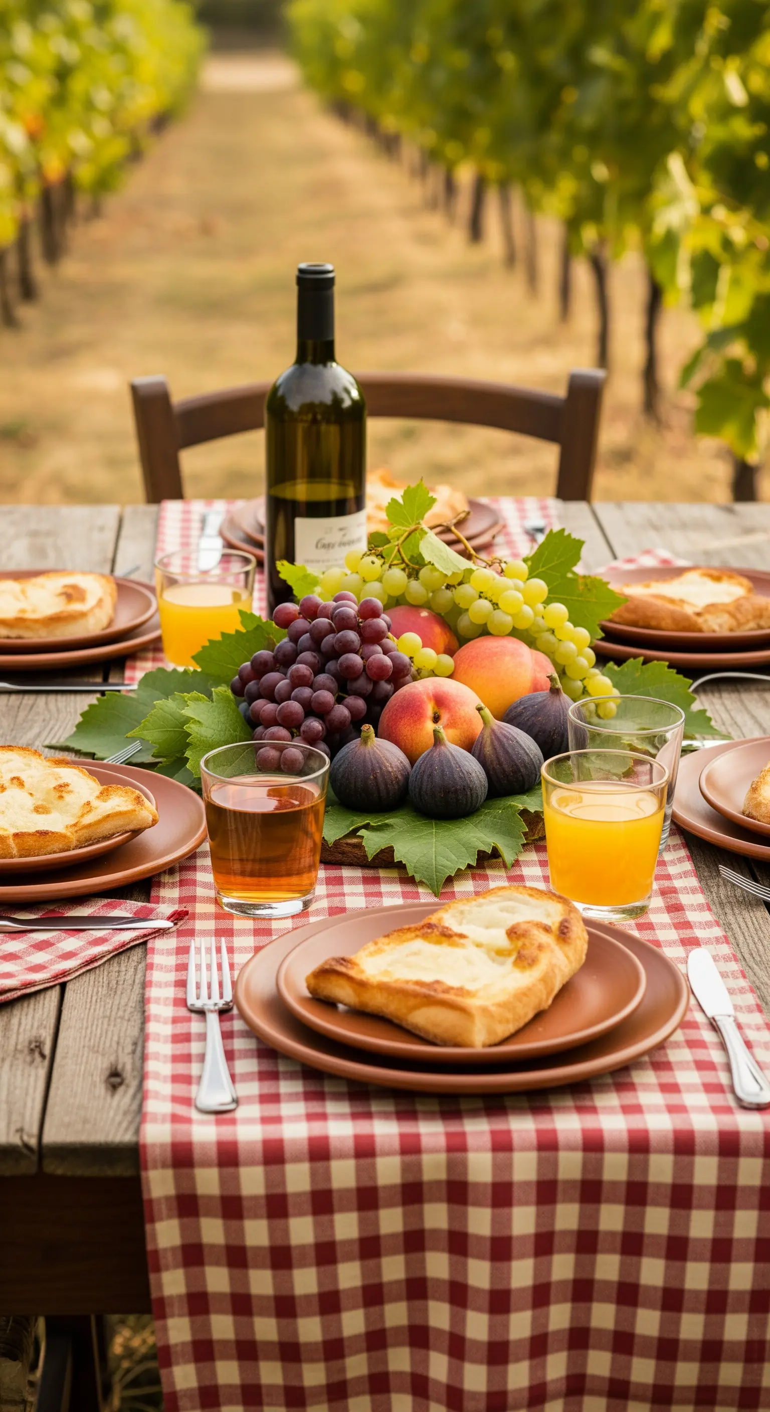 Tavola rustica in un vigneto con runner a quadri e centrotavola d'uva.