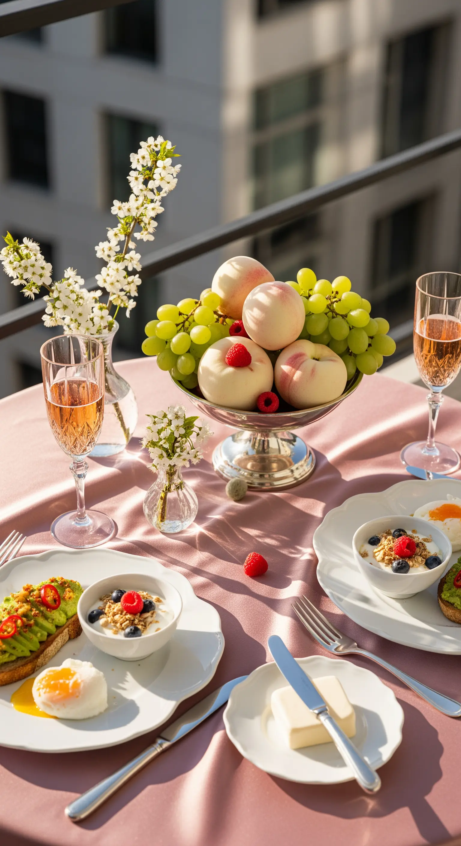 Tavola romantica con tovaglia rosa, pesche bianche e bicchieri di cristallo.