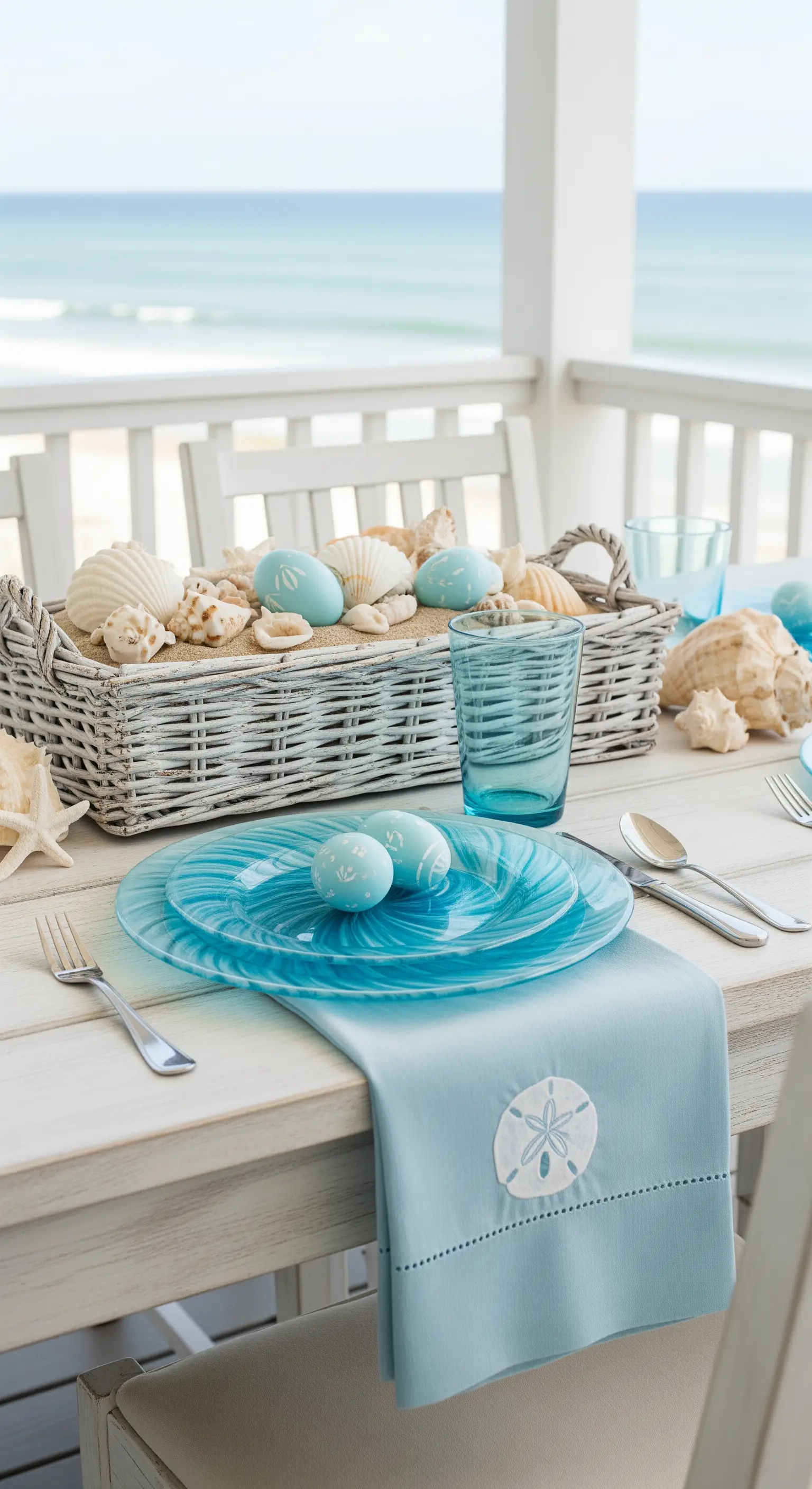 Tavola pasquale a tema mare con conchiglie, uova azzurre e piatti di vetro.
