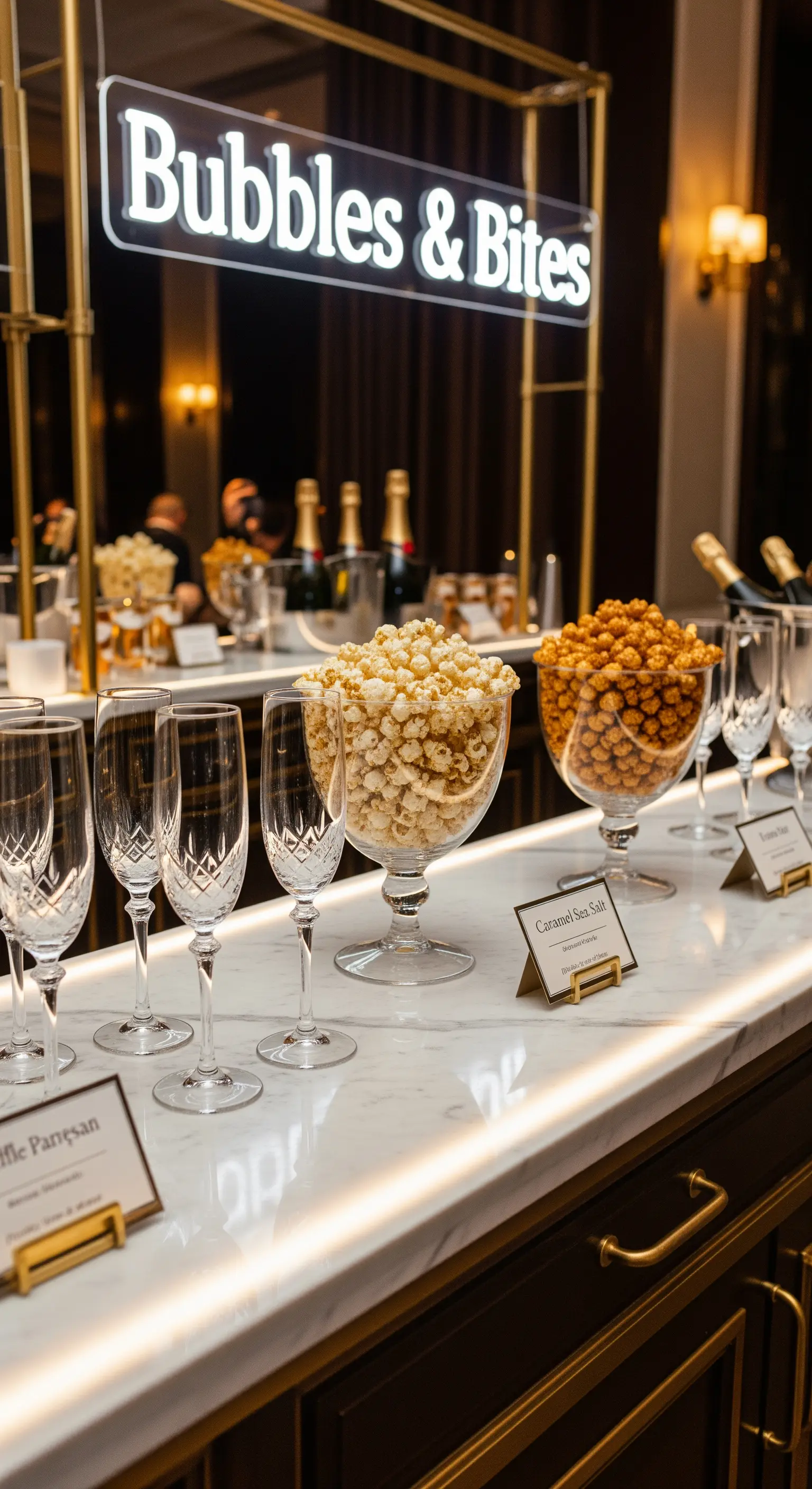 Elegante bar con coppe di champagne e popcorn gourmet.