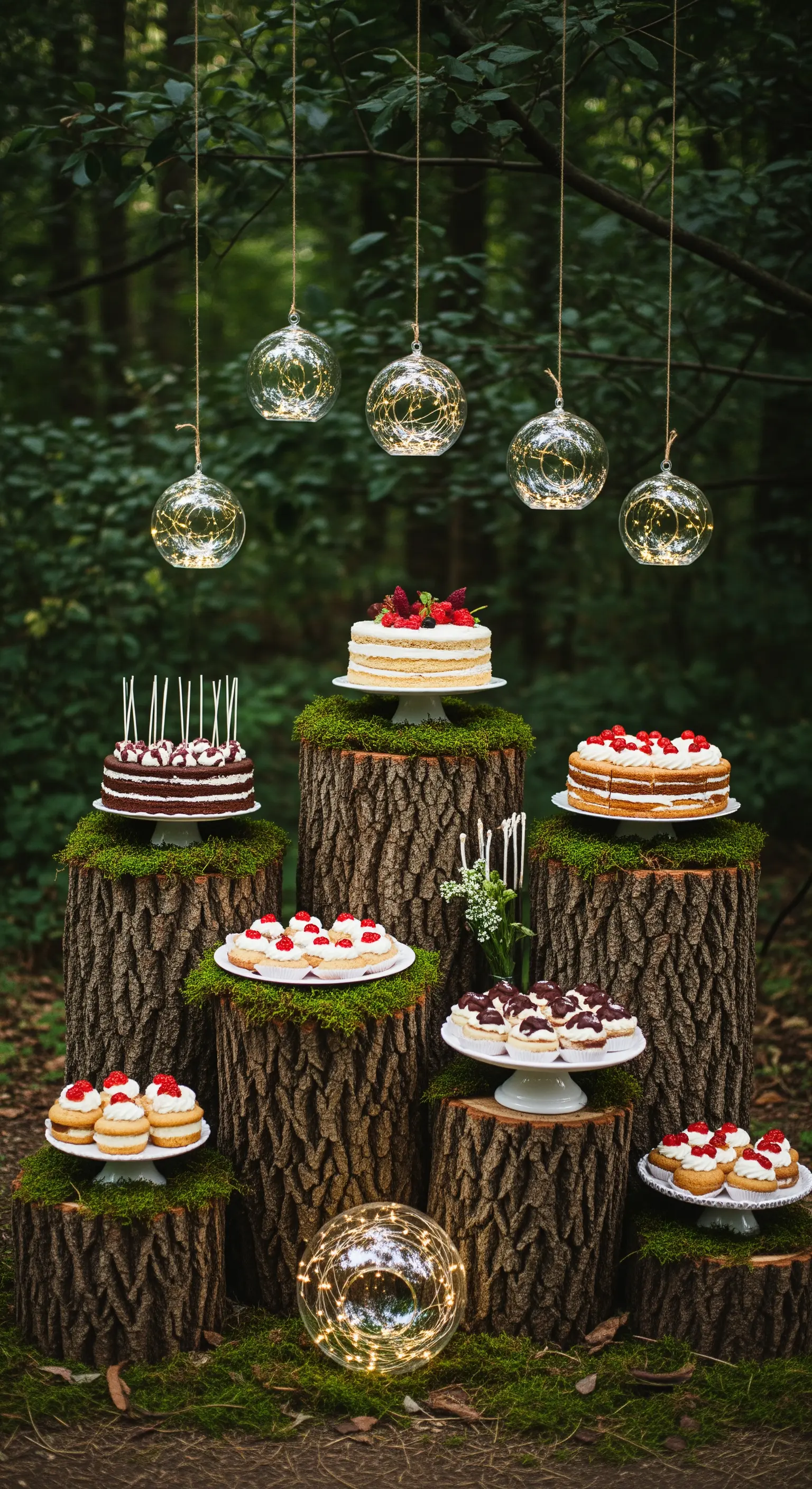 Buffet di dolci allestito su tronchi d'albero di varie altezze, con sfere luminose sospese.