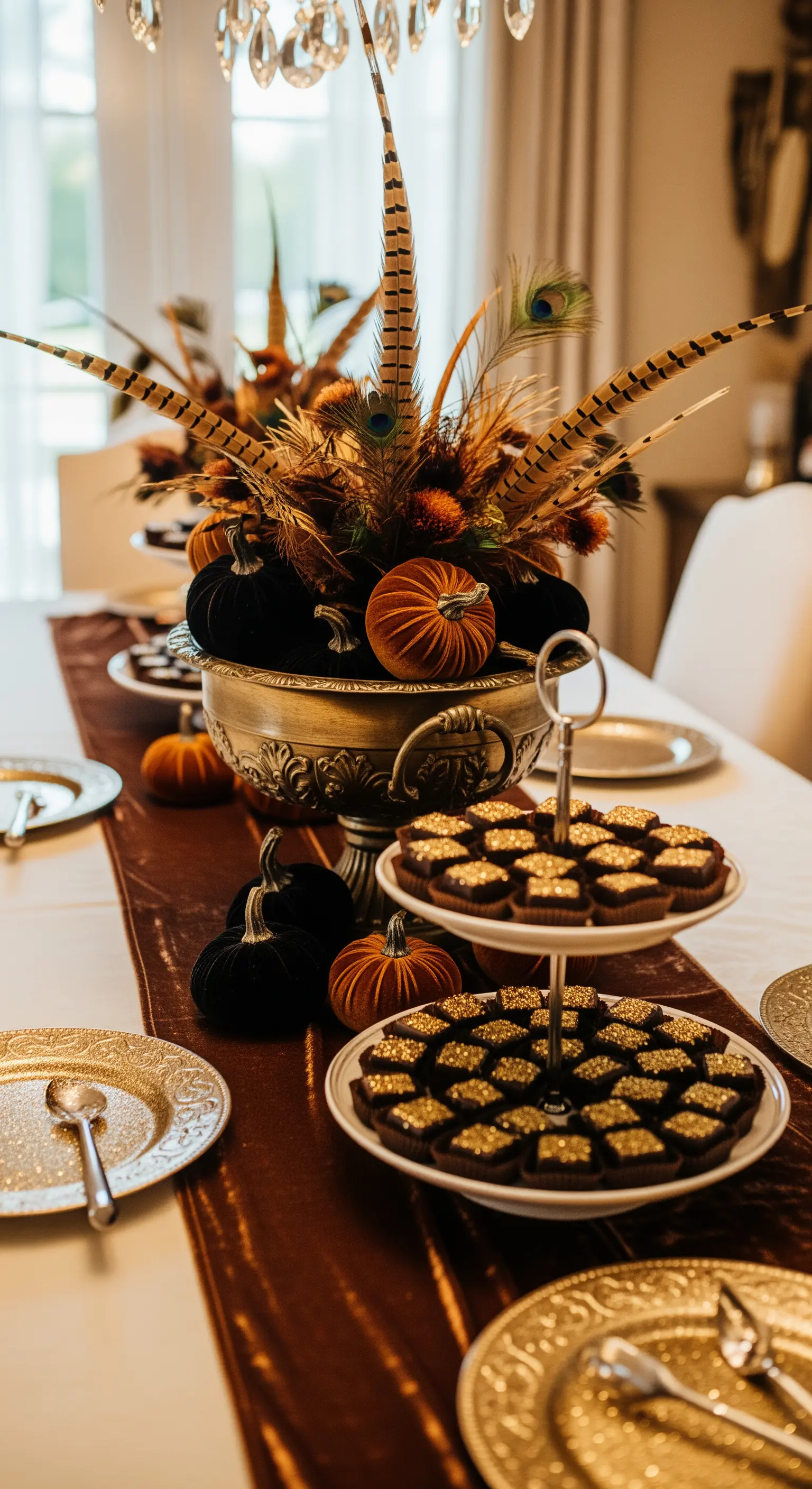 Tavola da buffet con centrotavola di piume e zucche in velluto, e dolci con glitter oro.