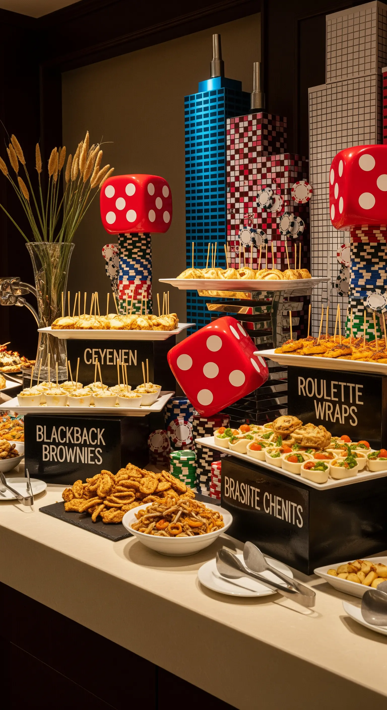 Buffet a tema casinò con stuzzichini su alzatine a forma di dado e cartellini con nomi divertenti.