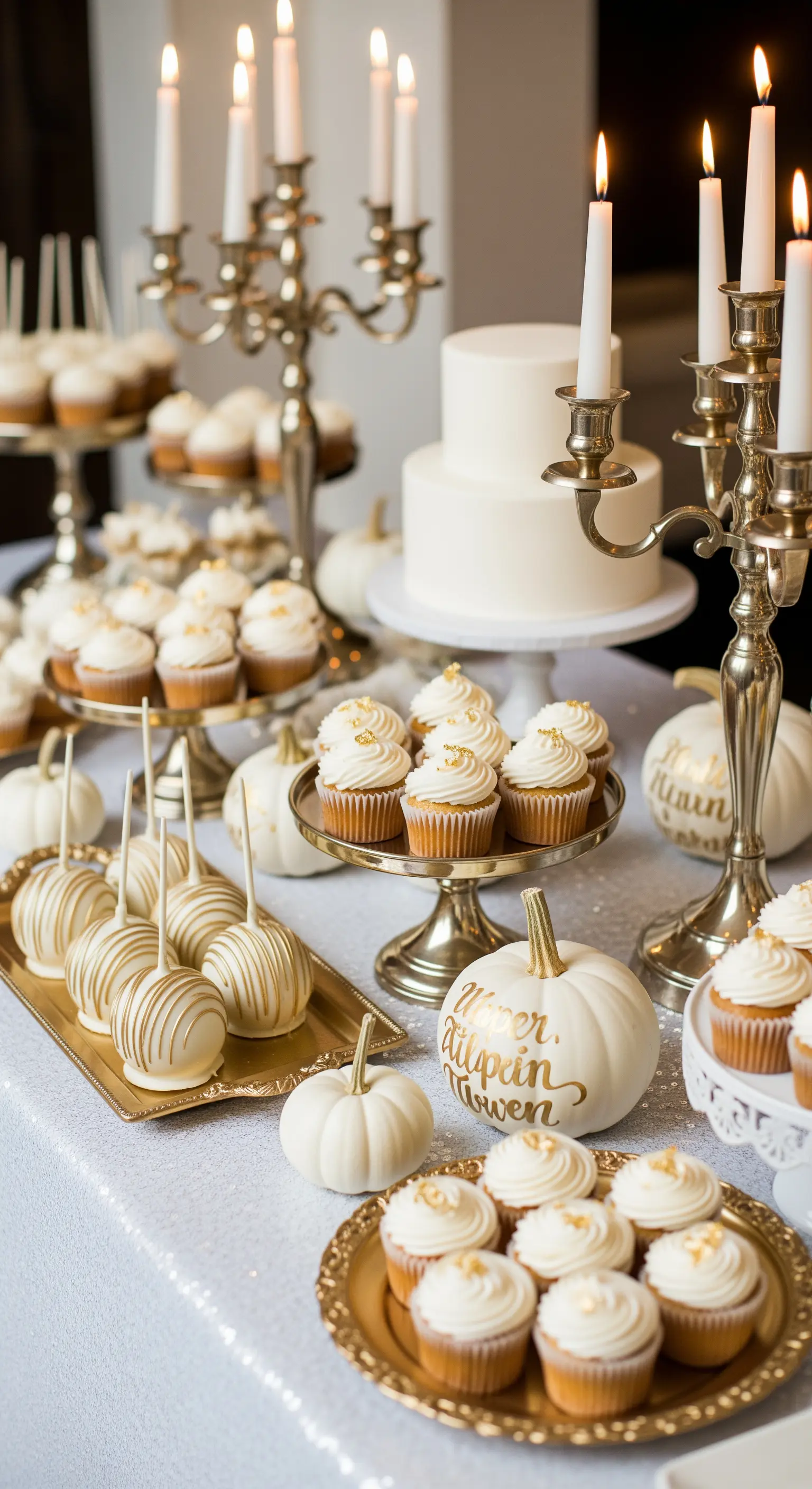 Sweet table di Halloween in bianco e oro con torte e candelabri
