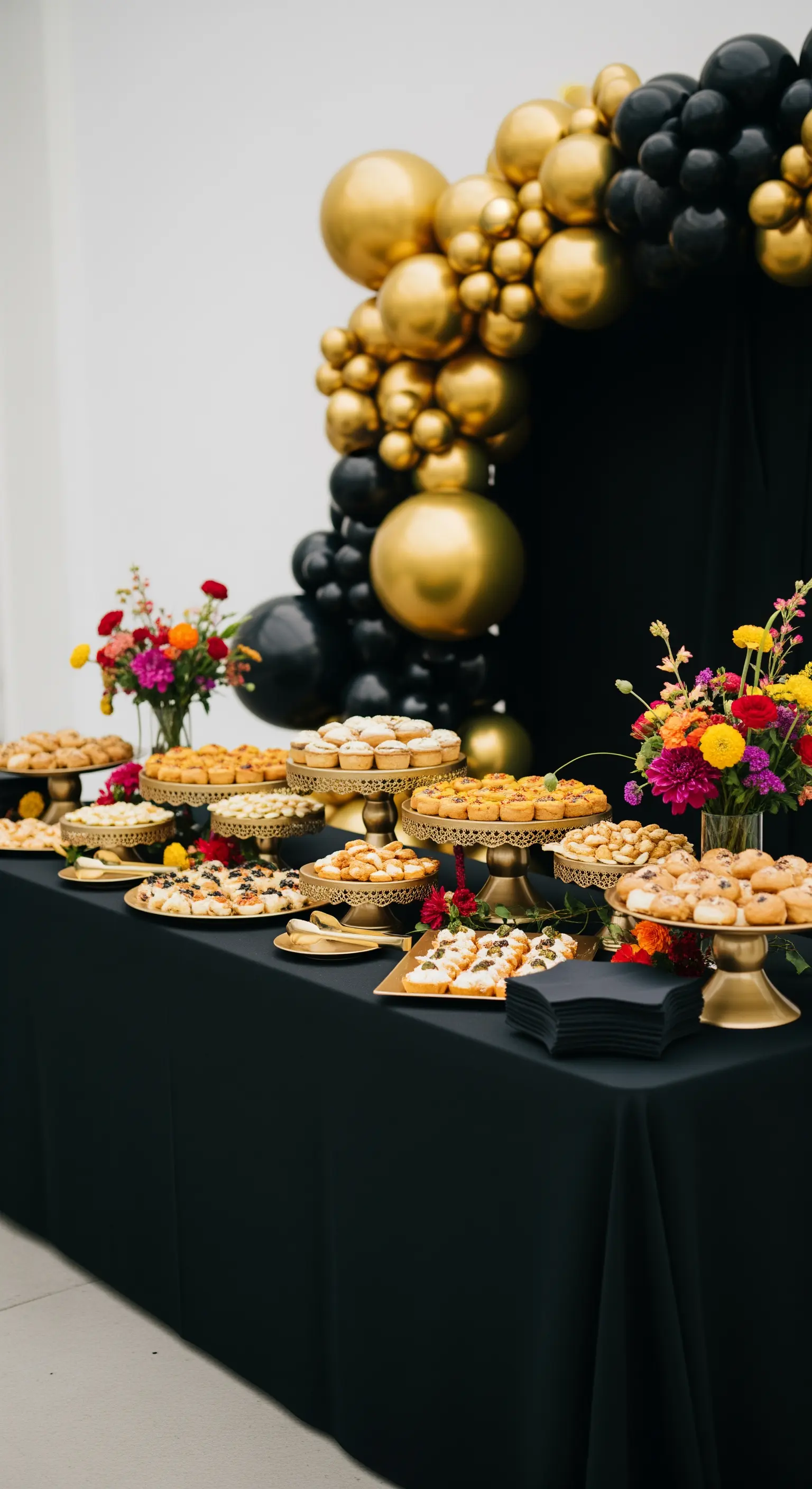Tavolo dei dolci nero e oro con un arco di palloncini e tocchi di fiori colorati.