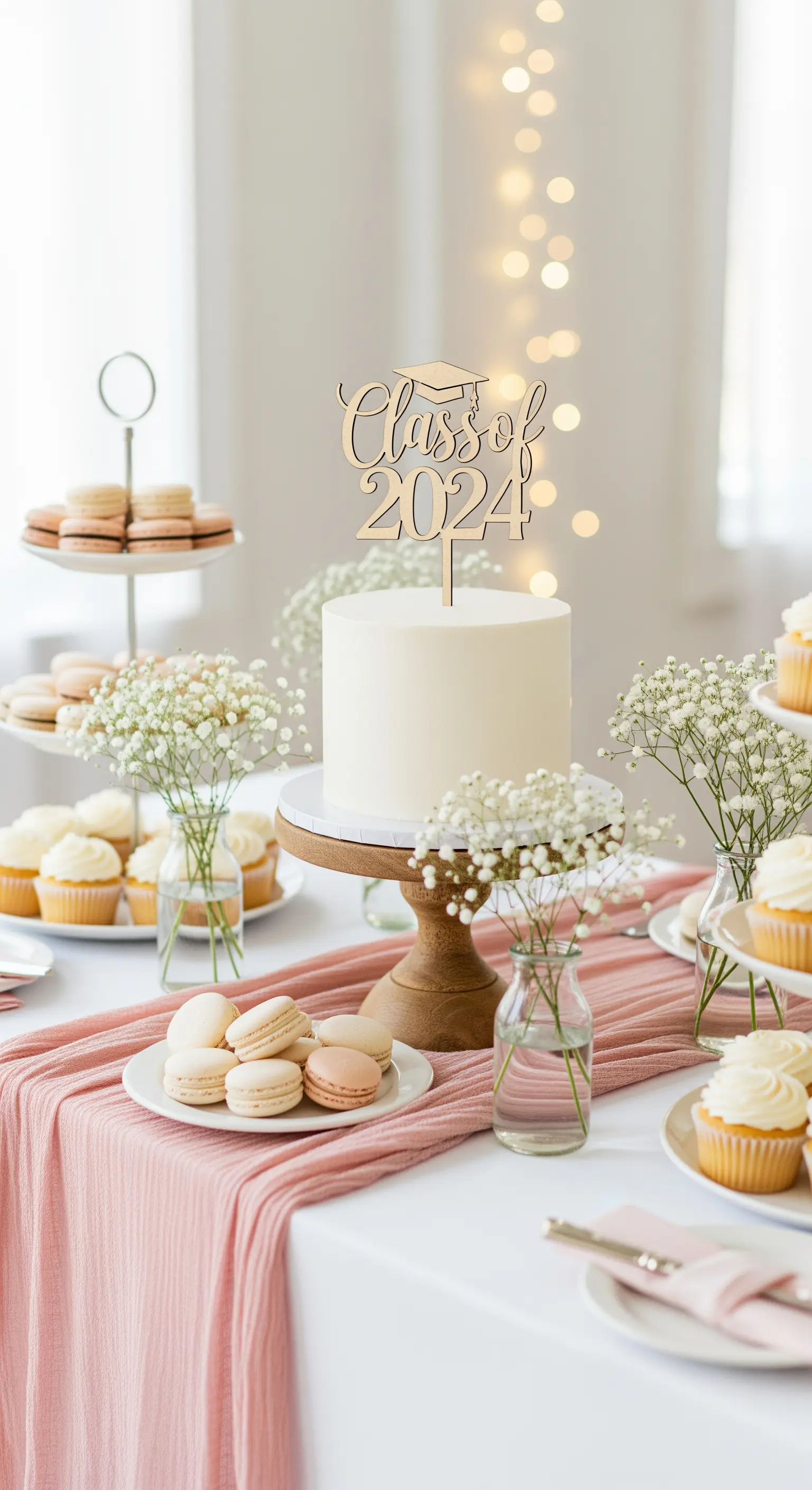 Tavolo dei dolci per laurea con torta bianca, macarons e cupcake su runner rosa e alzate in legno
