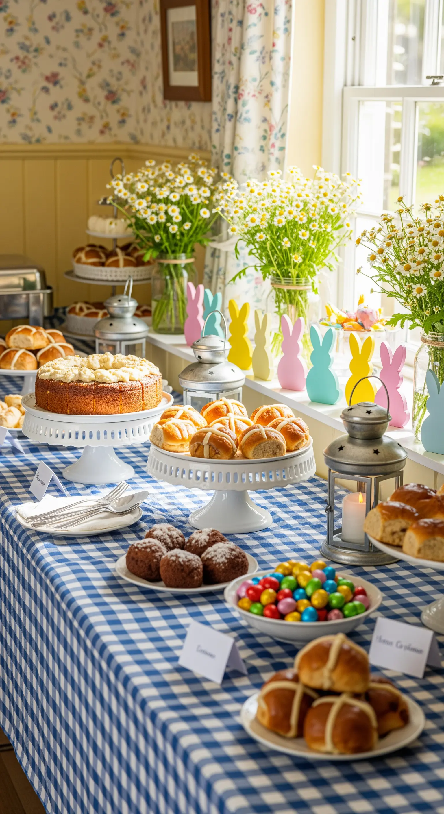 Buffet pasquale con tovaglia a quadretti blu, dolci tradizionali e coniglietti colorati.