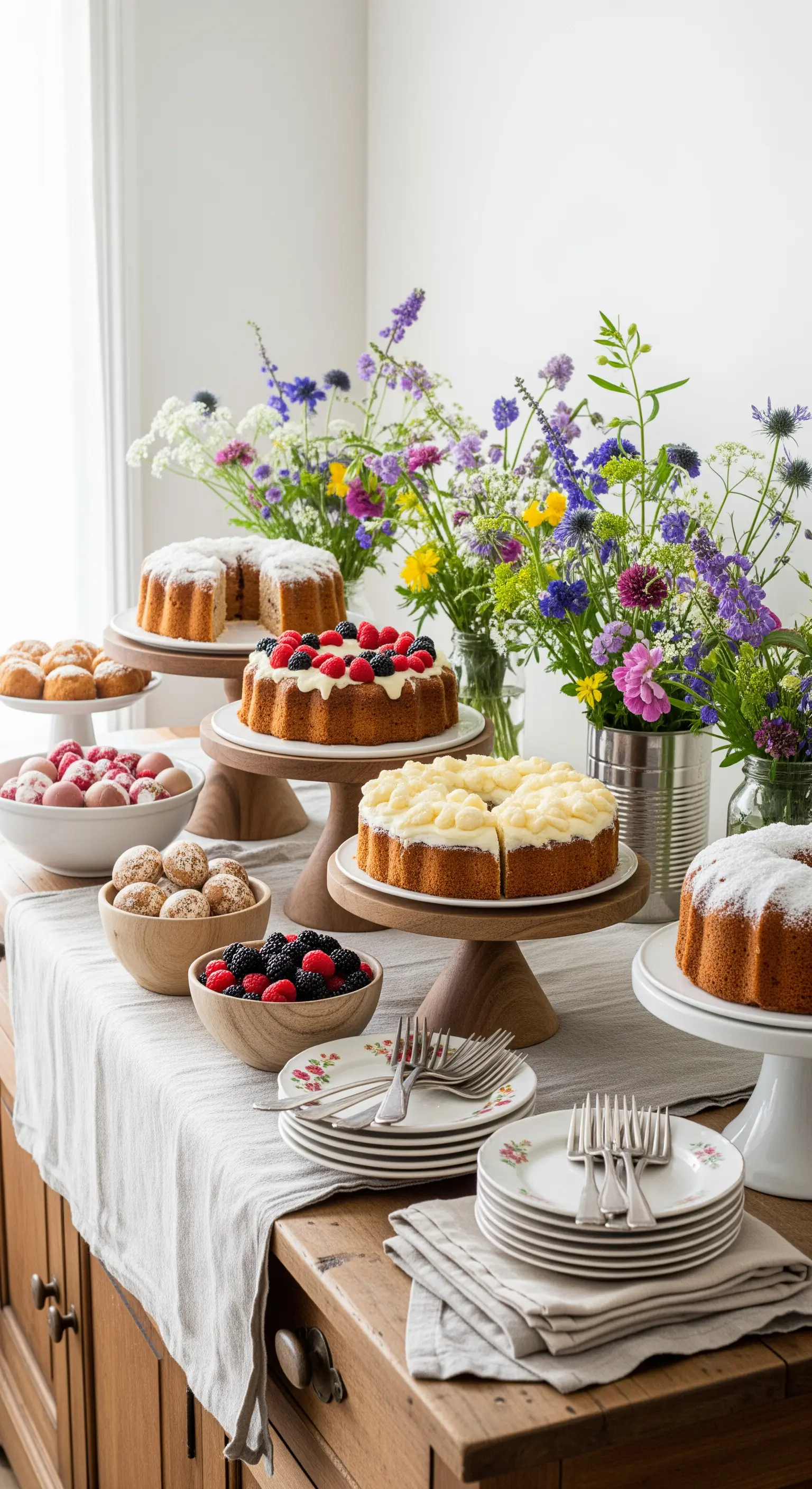Buffet di dolci su una credenza in legno con torte su alzatine e vasi di fiori di campo