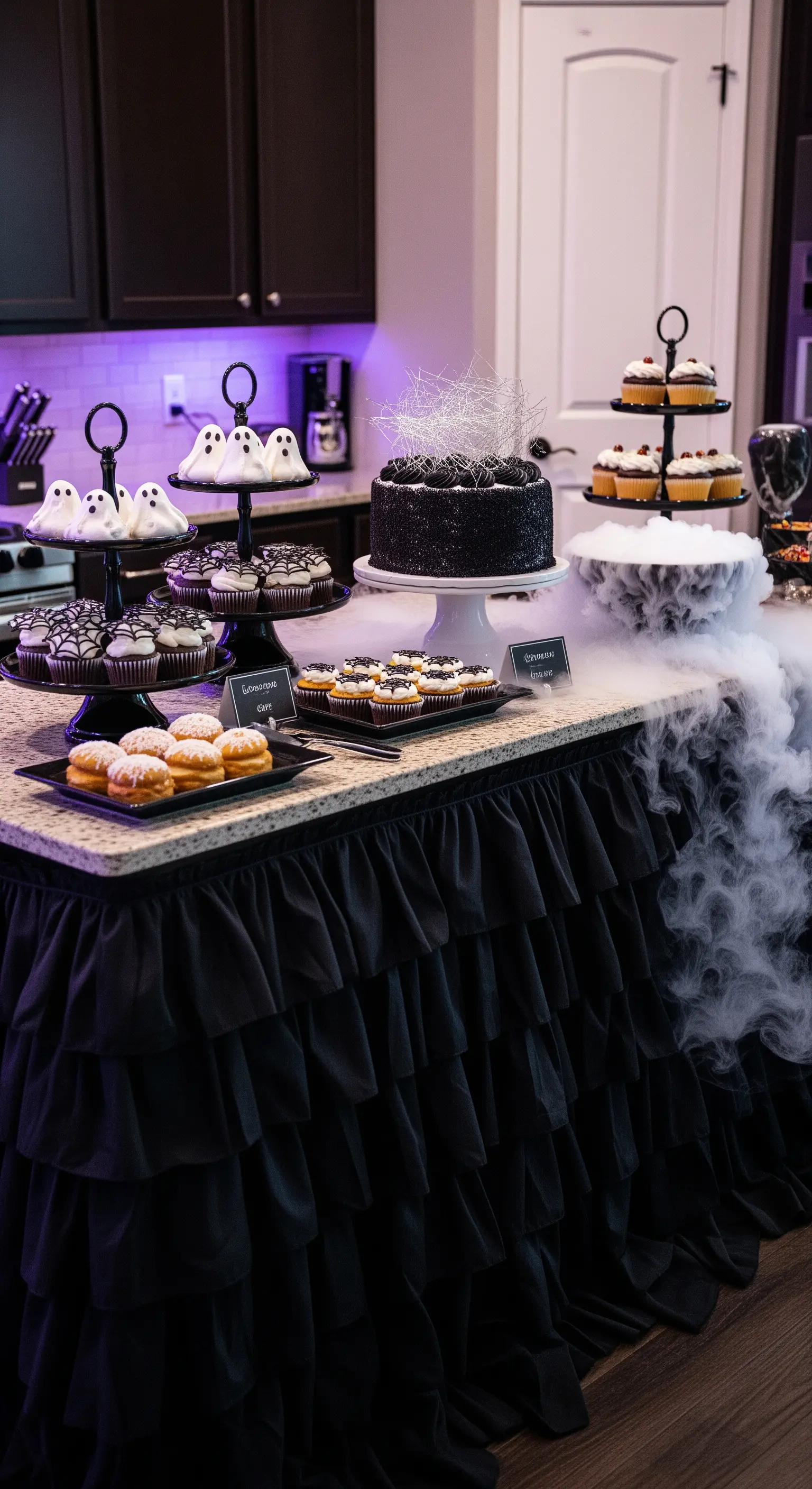 Sweet table di Halloween con dolci a tema, alzatine nere e fumo scenografico.