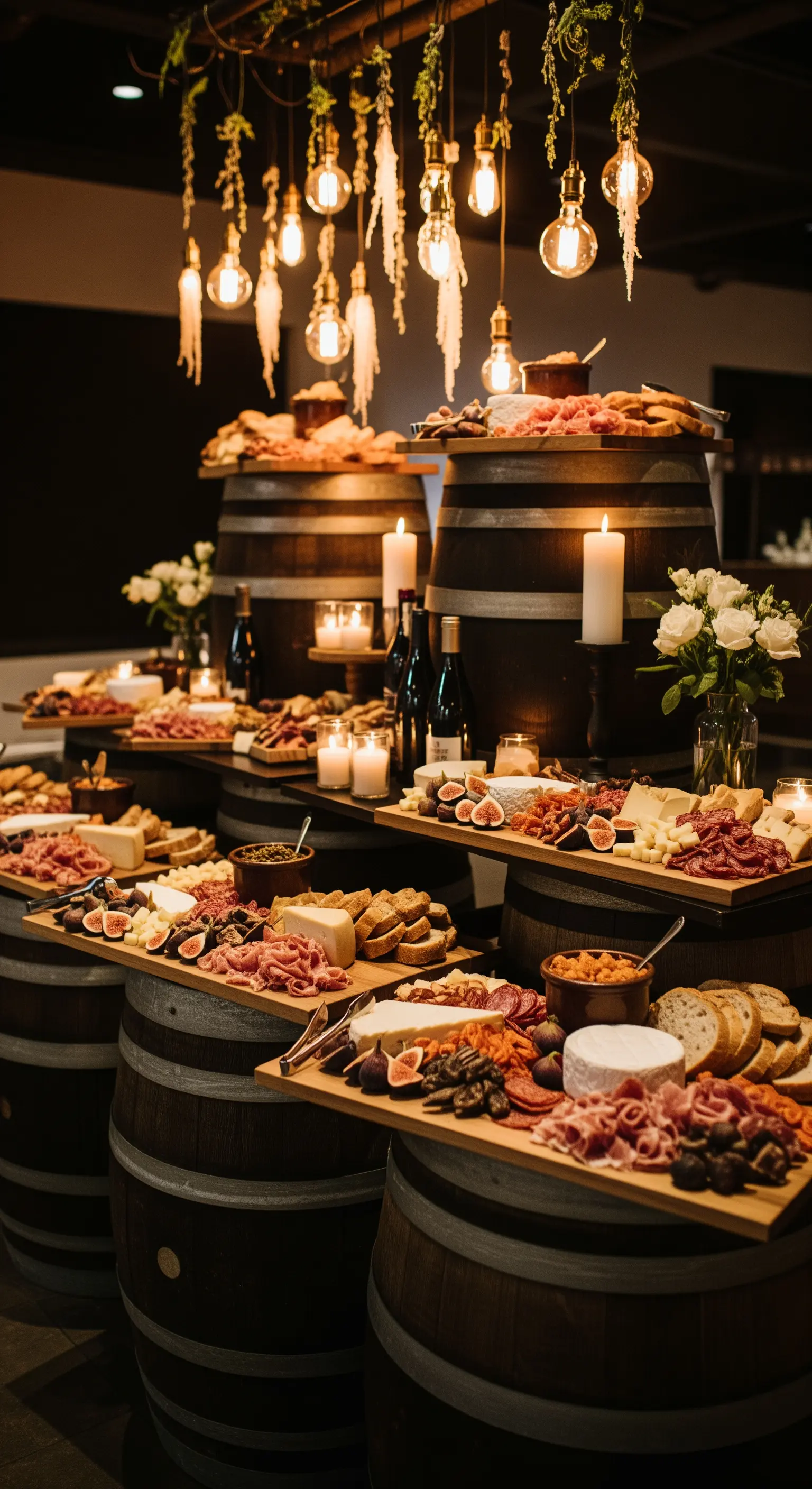 Buffet di salumi e formaggi allestito su botti di legno e illuminato da candele.
