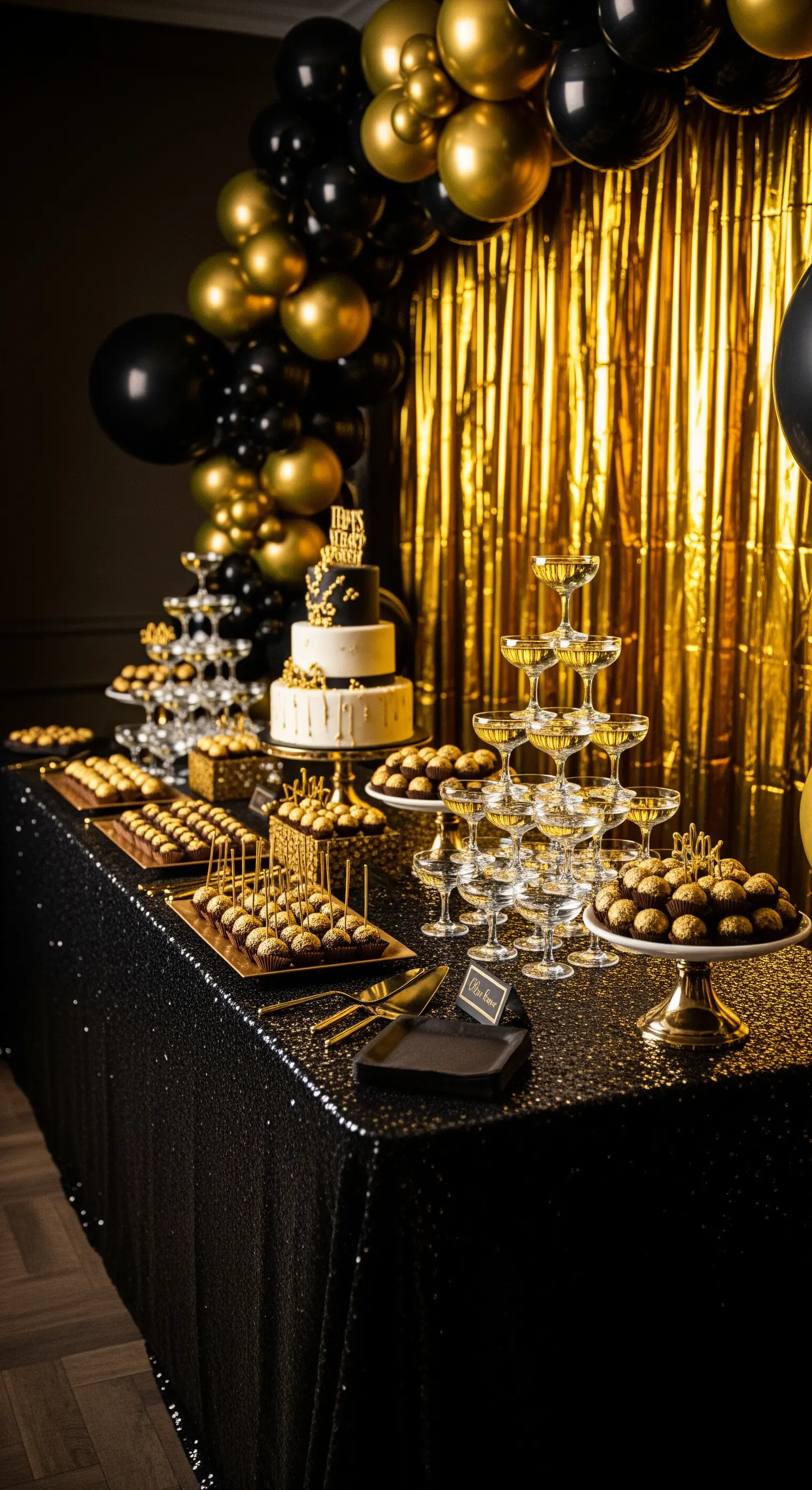 Buffet di dolci nero e oro con tenda metallica, torta e piramide di champagne.
