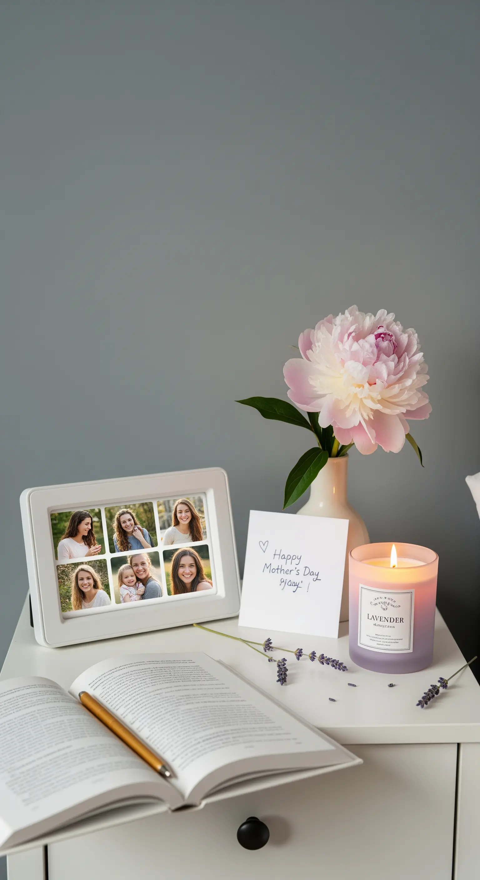 Comodino con cornice multipla, una peonia, una candela alla lavanda e un libro aperto.