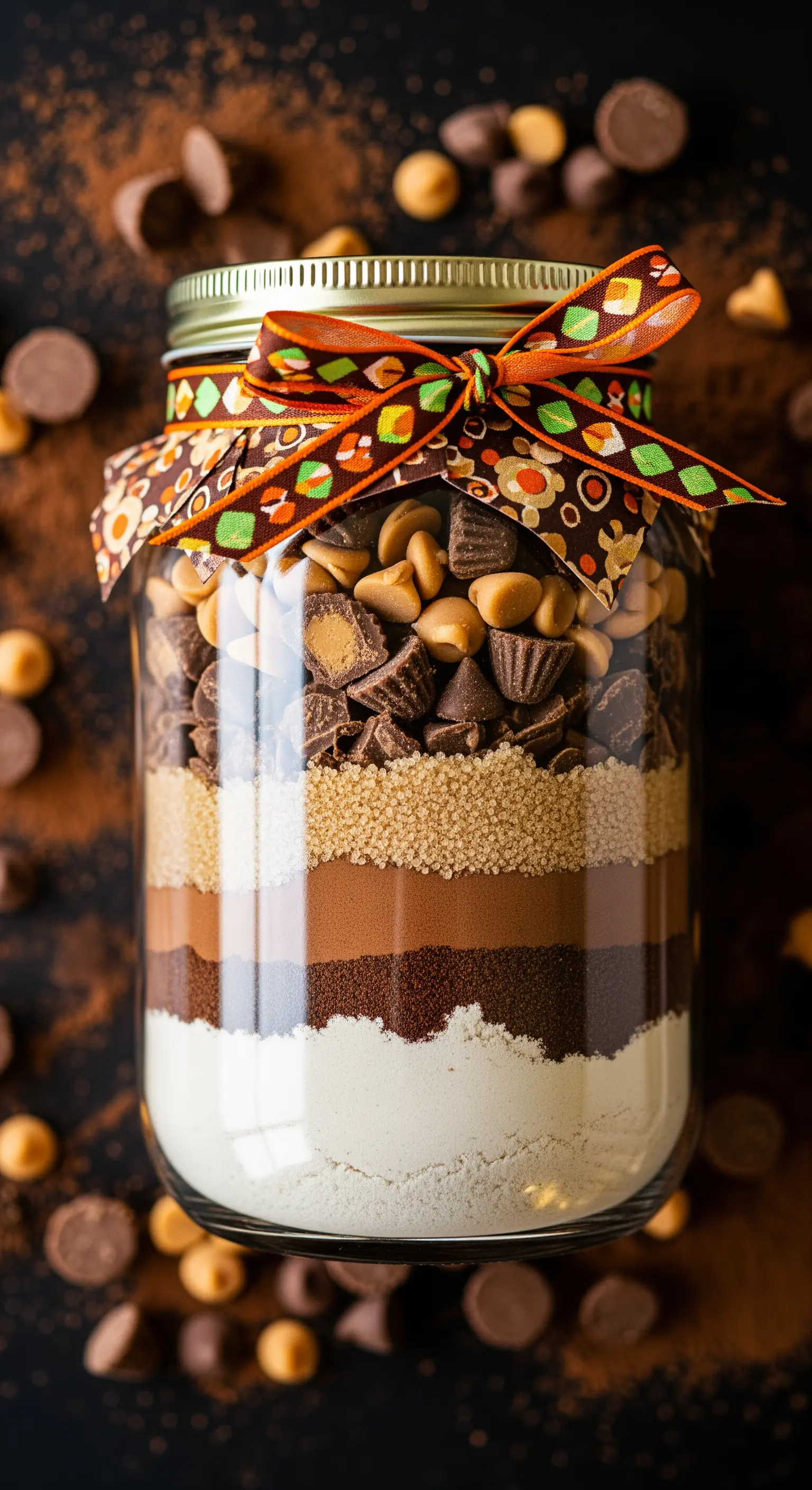 Barattolo di preparato per biscotti al burro d'arachidi e cioccolato con un nastro colorato.